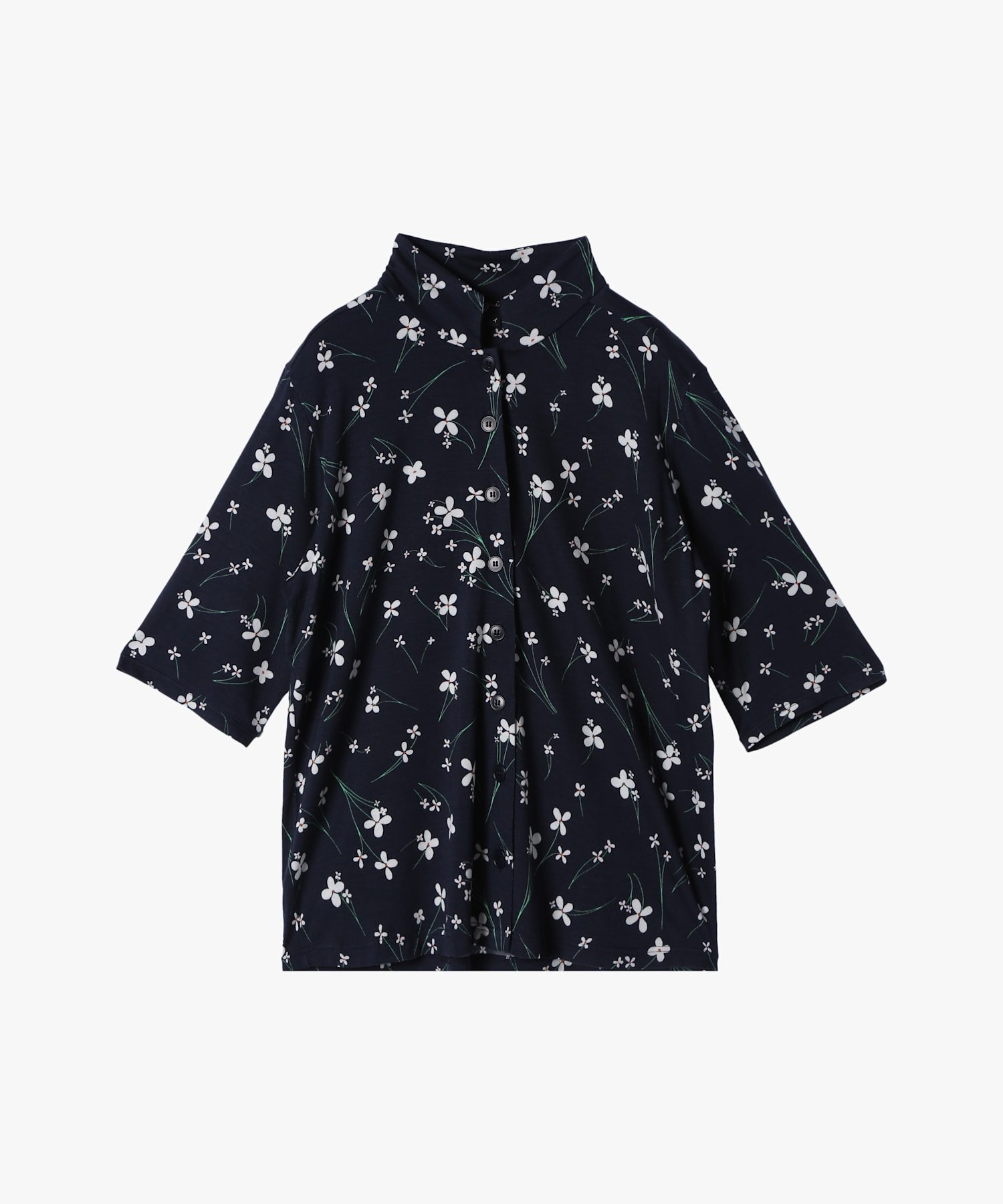 【アニエスベー ファム/agnes b. FEMME】のフラワープリント オフィサーカラー 5分袖 ブラウス Gina インテリア・キッズ・メンズ・レディースファッション・服の通販 founy(ファニー) 　ファッション　Fashion　レディースファッション　Ladies' Fashion Online　トップス・カットソー　Tops/Tshirt　シャツ/ブラウス　Shirts/Blouses　花柄・フラワープリント・モチーフ　Flower Patterns　シンプル　Simple　フラワー　Flower　プリント　Print　夏　Summer　春　Spring　ネイビー|ID: prp329100004599262 ipo3291000000032693563