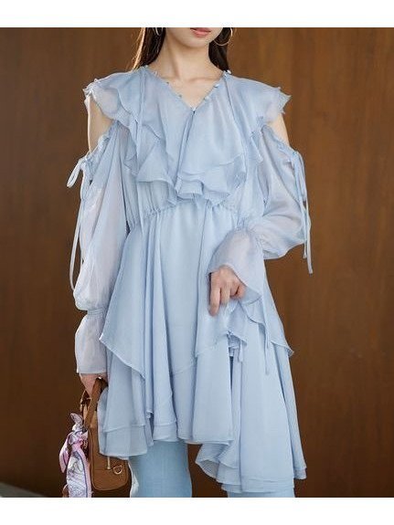 【スナイデル/SNIDEL】のSustainableプリントフリルミニワンピース インテリア・キッズ・メンズ・レディースファッション・服の通販 founy(ファニー) 　ファッション　Fashion　レディースファッション　Fashion for Women　ワンピース　Dresses　インナー　Innerwear　オレンジ　Orange　カラフル　Colorful Design　キャミソール　Camisole, Spaghetti Strap Top　今季　This Season, Current Season　シフォン　Chiffon, Lightweight Fabric　ショルダー　Shoulder, Shoulder Strap　スリーブ　Sleeve, Long Sleeve / Short Sleeve　長袖　Long Sleeve, Full Sleeve　フェミニン　Feminine, Girly　フリル　Frill, Ruffle　プリント　Print, Printed Pattern　ボタニカル　Botanical, Floral Pattern　ミックス　Mix, Mixed Style　モチーフ　Motif, Design Theme　無地　Plain, Solid Color　リボン　Ribbon, Bow　ロング　Long, Long-Length　おすすめ　Recommended / Our Picks　BLU[086]|ID: prp329100004599757 ipo3291000000033107690