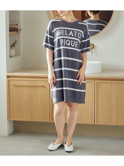 【ジェラート ピケ/gelato pique】のスムーズィーロゴジャガードワンピース インテリア・キッズ・メンズ・レディースファッション・服の通販 founy(ファニー) 　ファッション　Fashion　レディースファッション　Ladies' Fashion Online　ワンピース　Dress　おすすめ　Recommend　なめらか　Smooth　ギフト プレゼント　Gift Present　ボーダー　Border　リラックス　Relax　半袖　Short Sleeve　春　Spring　NVY[089]|ID: prp329100004599850 ipo3291000000032699041