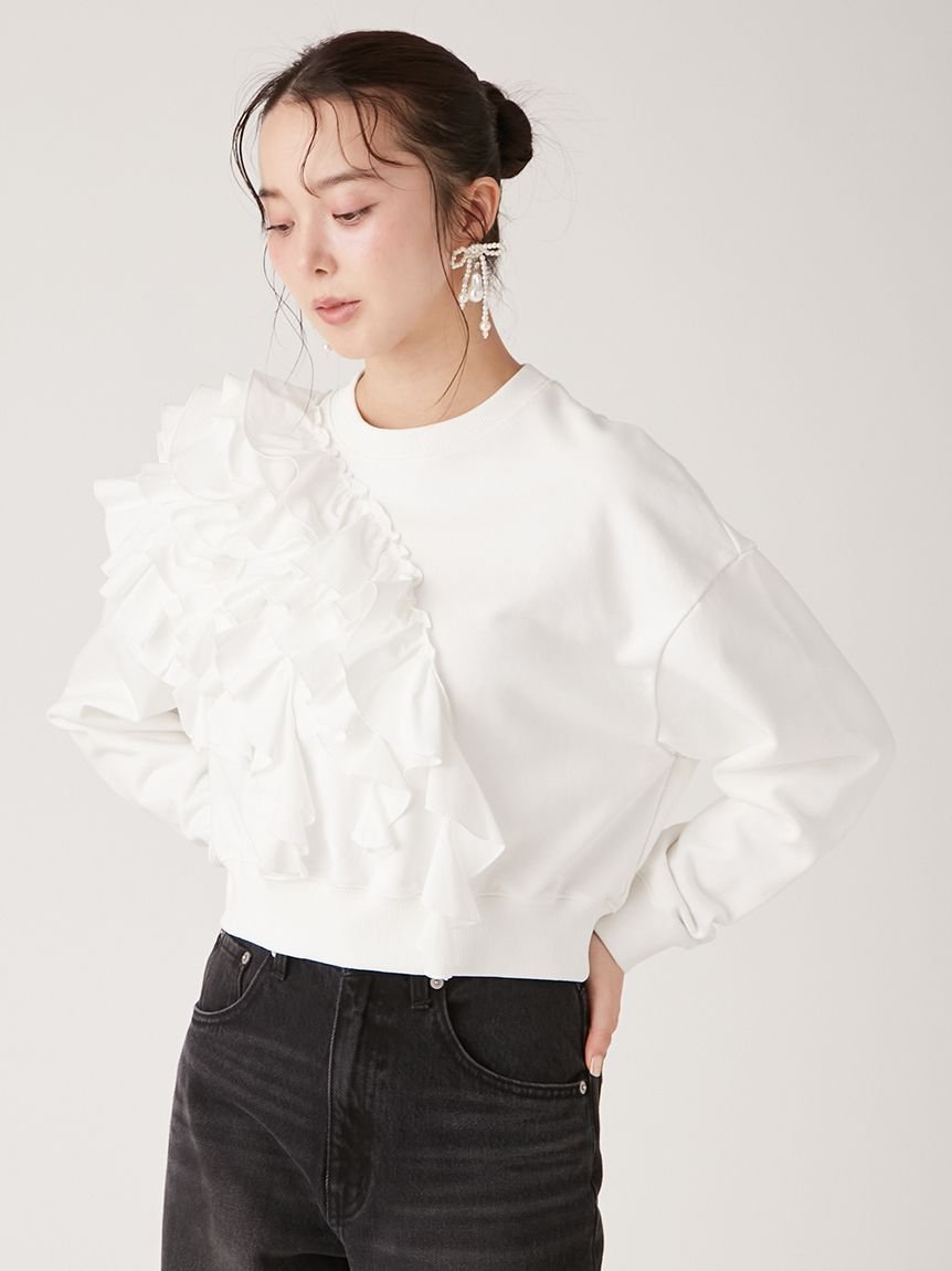 【リリーブラウン/Lily Brown】のボリュームフリルスウェット インテリア・キッズ・メンズ・レディースファッション・服の通販 founy(ファニー) 　ファッション　Fashion　レディースファッション　Fashion for Women　トップス・カットソー　Cut & Sew Tops　レディースパーカー・カジュアルフーディー　Casual Hoodies & Sweatshirts　スウェット・クルーネックトップス　Sweatshirts & Crewnecks / Relaxed Fit Sweat Tops　カットソー　Cut and Sewn Top　シンプル　Simple, Minimal　デニム　Denim, Jeans Material　ドッキング　Docking, Mixed Material　フリル　Frill, Ruffle　エレガント 上品　Elegant　WHT[001]|ID: prp329100004599893 ipo3291000000032699465