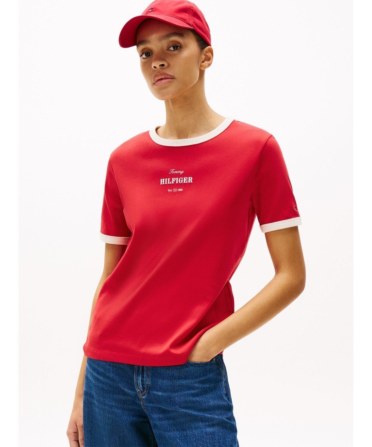 【トミーヒルフィガー/TOMMY HILFIGER】のモノタイプクルーネックトップス インテリア・キッズ・メンズ・レディースファッション・服の通販 founy(ファニー) 　ファッション　Fashion　レディースファッション　Ladies' Fashion Online　トップス・カットソー　Tops/Tshirt　おすすめ　Recommend　シンプル　Simple　デニム　Denim　ワンポイント　One Point　レッドXLG|ID: prp329100004599953 ipo3291000000032699928