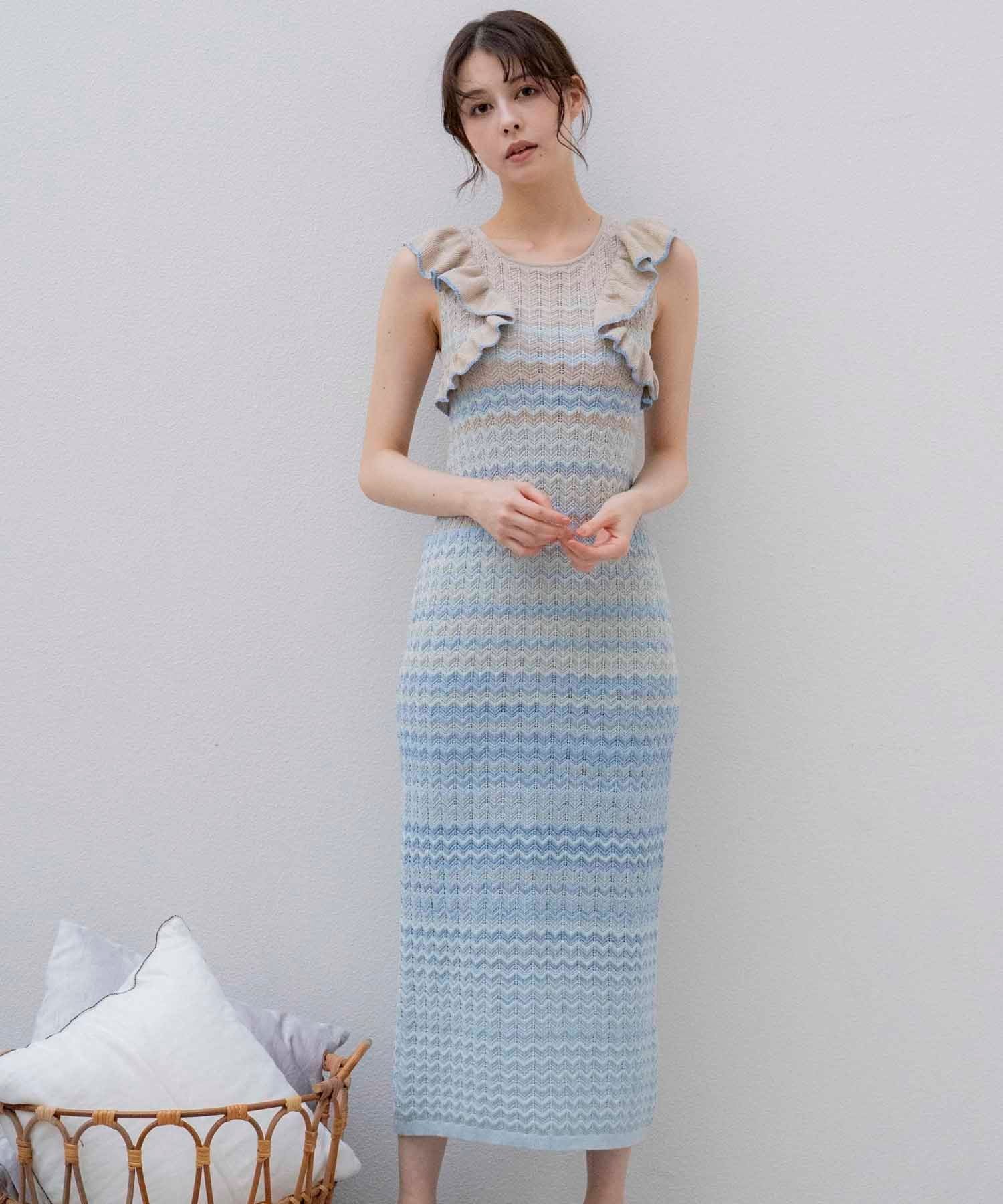 【ノエラ/Noela】のラメグラデフリルニットワンピ インテリア・キッズ・メンズ・レディースファッション・服の通販 founy(ファニー) 　ファッション　Fashion　レディースファッション　Ladies' Fashion Online　ワンピース　Dress　ニットワンピース　Knit Dresses　おすすめ　Recommend　インナー　Inner　グラデーション　Gradation　トレンド　Trend　フリル　Frills　ペチコート　Petticoat　ポケット　Pocket　リゾート　Resort　旅行　Travel　ブルー|ID: prp329100004599968 ipo3291000000032700052