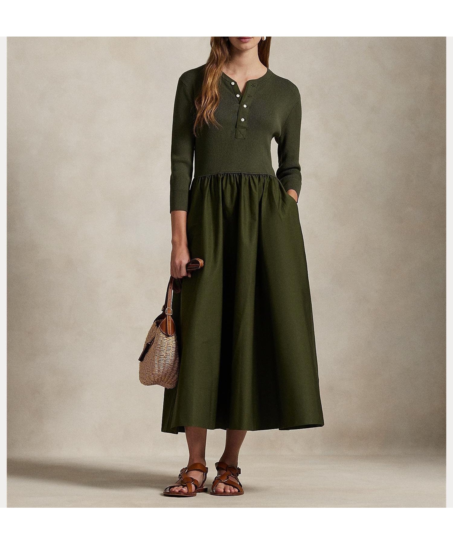 【ラルフローレン/RALPH LAUREN】のヘンリーネックボディス ドレス インテリア・キッズ・メンズ・レディースファッション・服の通販 founy(ファニー) 　ファッション　Fashion　レディースファッション　Ladies' Fashion Online　ワンピース　Dress　ドレス　Party Dresses　くるぶし　Ankle　カフス　Cuffs　シャーリング　Shirring　ドレス　Dress　フィット　Fit　フレア　Flare　リブニット　Rib Knit　300グリーン|ID: prp329100004599994 ipo3291000000032700276