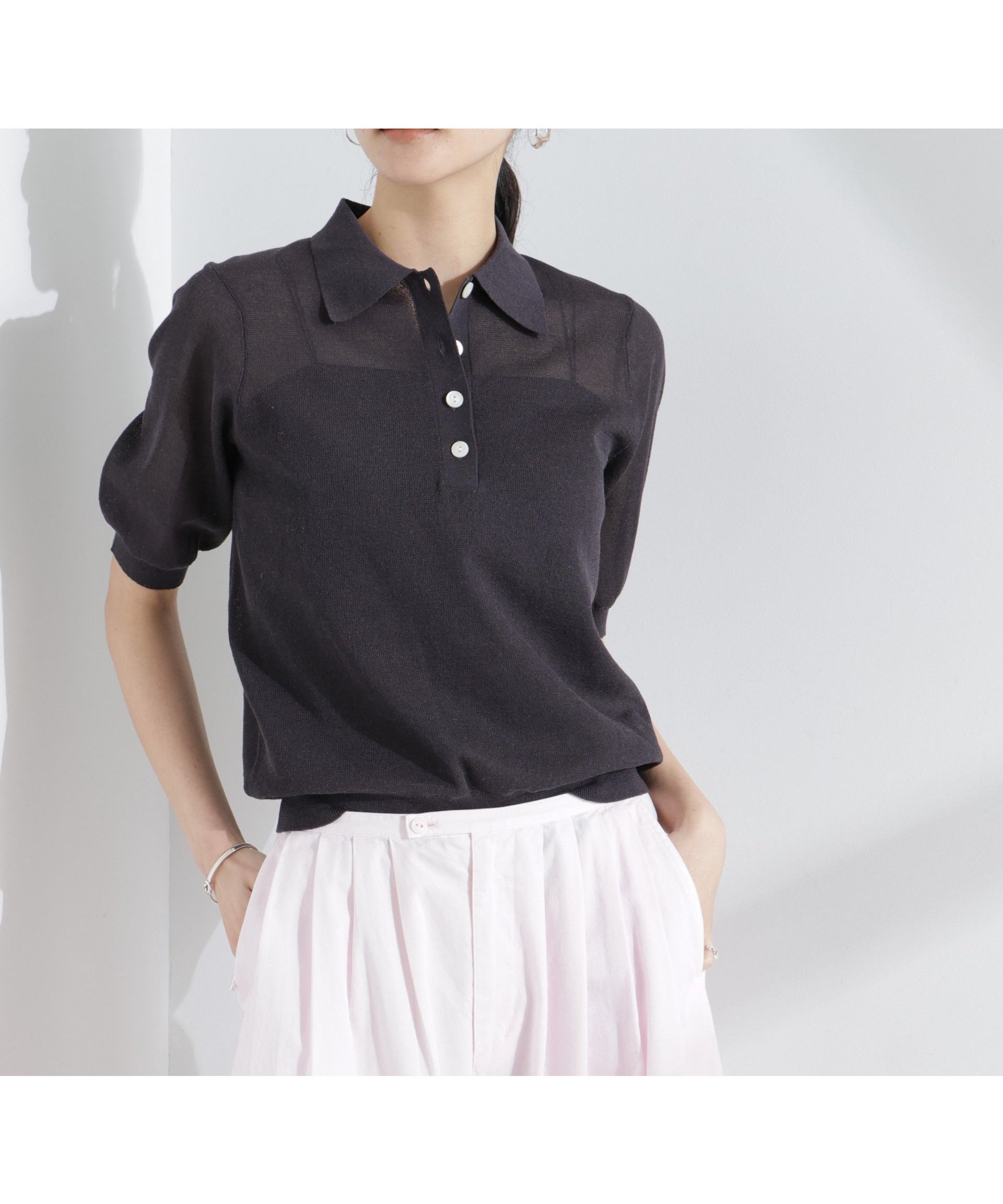 【ナノ ユニバース/nano universe】のシアーミラノリブニットポロ 人気、トレンドファッション・服の通販 founy(ファニー) 　ファッション　Fashion　レディースファッション　Ladies' Fashion Online　トップス・カットソー　Tops/Tshirt　ニット　Knit Tops　ウォッシャブル　Washable　コンパクト　Compact　今季　This Season　シンプル　Simple　トレンド　Trend　ネックレス　Necklace　フォルム　Form　ミラノリブ　Milan Ribs　リネン　Linen　ロング　Long　おすすめ　Recommend　エレガント 上品　Elegant　2025年　2025　2025春夏・S/S　Ss,Spring/Summer,2025　 other-1|ID: prp329100004600101 ipo3291000000032701049