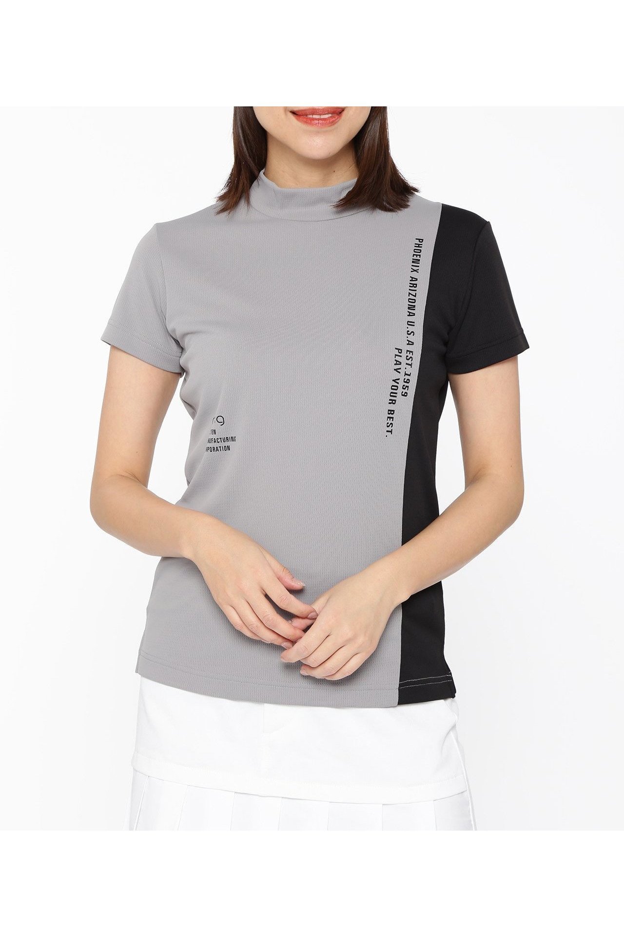 【その他のブランド/Other】の高通気ジャージ半袖ハイネックシャツ LADIES LINE PERFORMANCE (LADIES) インテリア・キッズ・メンズ・レディースファッション・服の通販 founy(ファニー) 　ファッション　Fashion　レディースファッション　Ladies' Fashion Online　トップス・カットソー　Tops/Tshirt　シャツ/ブラウス　Shirts/Blouses　ゴルフ　Golf　ジャージ　Jersey　ストレッチ　Stretch　ハイネック　High Neck　リゾート　Resort　半袖　Short Sleeve　グレー|ID: prp329100004600125 ipo3291000000032701215