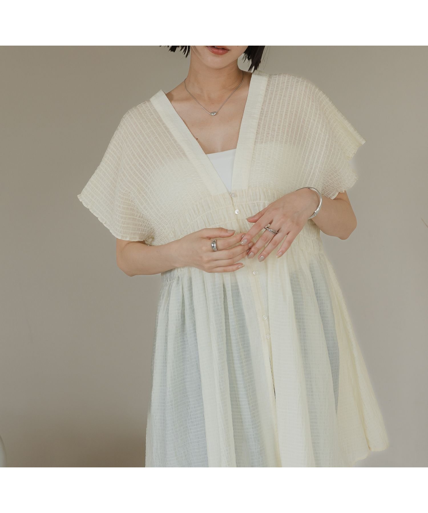 【ローリーズファーム/LOWRYS FARM】のシャーリングチュニックフレンチスリーブ インテリア・キッズ・メンズ・レディースファッション・服の通販 founy(ファニー) 　ファッション　Fashion　レディースファッション　Fashion for Women　トップス・カットソー　Cut & Sew Tops　おすすめ　Recommended / Our Picks　シアー　Sheer, See-Through　シャーリング　Shirring, Ruched　チェック　Check, Plaid, Tartan　チュニック　Tunic, Long Top　デニム　Denim, Jeans Material　夏　Summer　アイボリー|ID: prp329100004600163 ipo3291000000032701482
