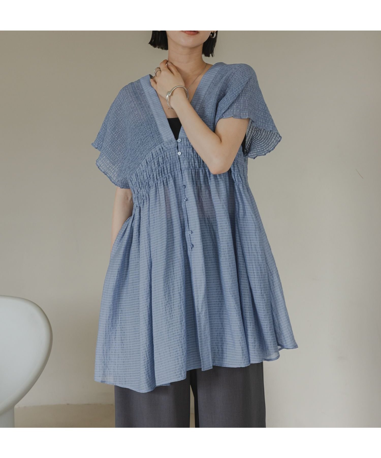 【ローリーズファーム/LOWRYS FARM】のシャーリングチュニックフレンチスリーブ インテリア・キッズ・メンズ・レディースファッション・服の通販 founy(ファニー) 　ファッション　Fashion　レディースファッション　Fashion for Women　トップス・カットソー　Cut & Sew Tops　おすすめ　Recommended / Our Picks　シアー　Sheer, See-Through　シャーリング　Shirring, Ruched　チェック　Check, Plaid, Tartan　チュニック　Tunic, Long Top　デニム　Denim, Jeans Material　夏　Summer　ブルー|ID: prp329100004600163 ipo3291000000032701487