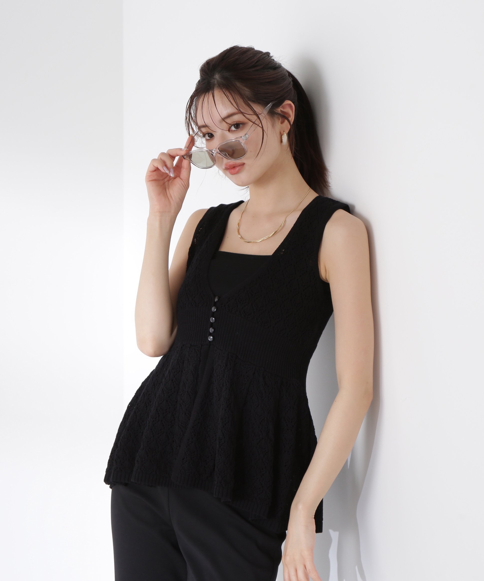 【プロポーション ボディドレッシング/PROPORTION BODY DRESSING】の《EDIT COLOGNE》透かし編みペプラム SET UP インテリア・キッズ・メンズ・レディースファッション・服の通販 founy(ファニー) 　ファッション　Fashion　レディースファッション　Fashion for Women　タンク　Tank Top, Sleeveless Top　フレア　Flare, Flared　ペプラム　Peplum, Flared Hem　透かし　Cut-Out, Lacework　ブラック|ID: prp329100004600199 ipo3291000000032742985