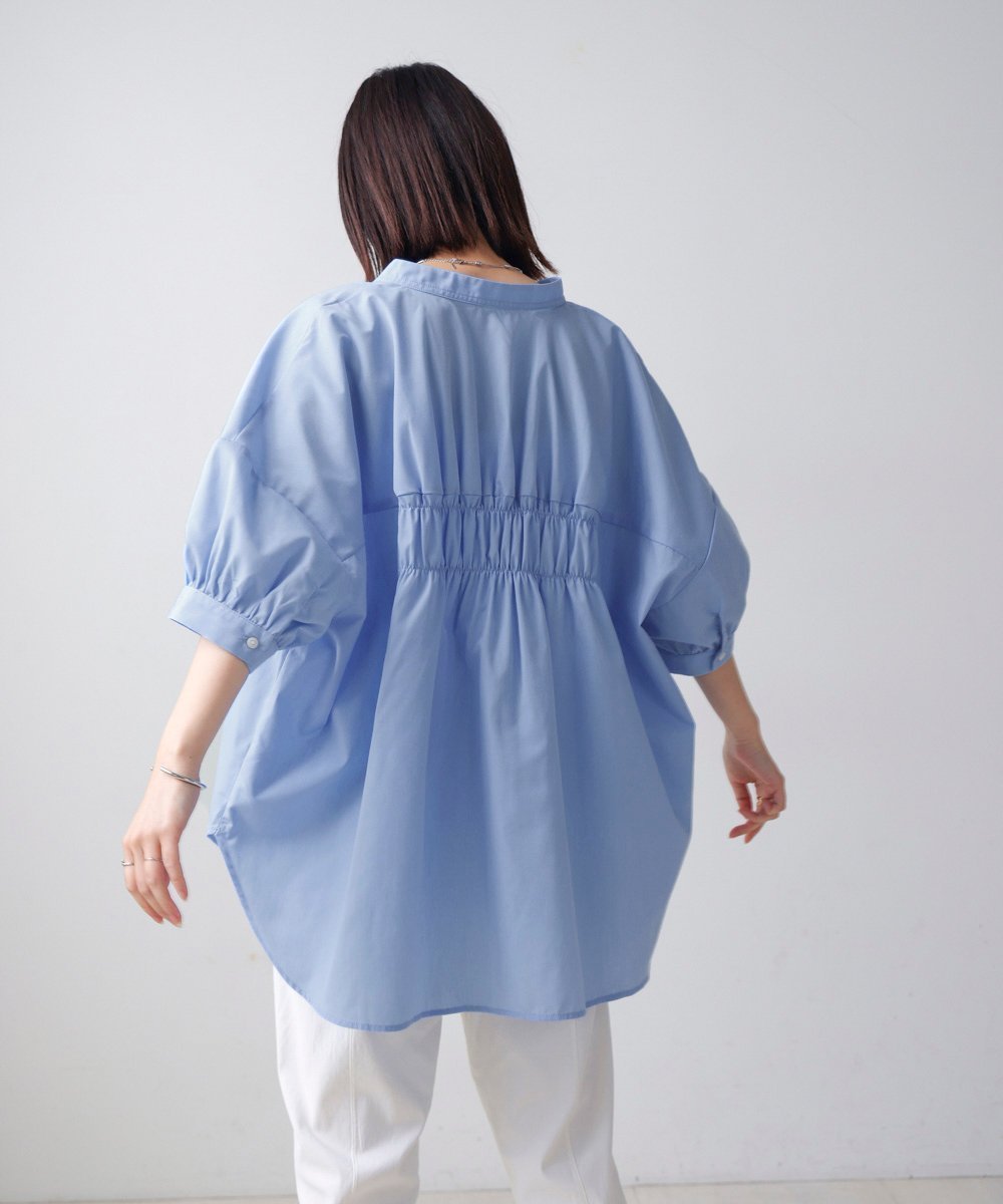 【バブ ブージュルード/Bab Bou Jeloud】のバックギャザーシャツブラウス インテリア・キッズ・メンズ・レディースファッション・服の通販 founy(ファニー) 　ファッション　Fashion　レディースファッション　Ladies' Fashion Online　トップス・カットソー　Tops/Tshirt　シャツ/ブラウス　Shirts/Blouses　バッグ　Bag　シンプル　Simple　スタンド　Stand　ストライプ　Stripe　再入荷　Restock/Back In Stock/Re Arrival　無地　Plain Color　BLUE|ID: prp329100004600240 ipo3291000000032701994