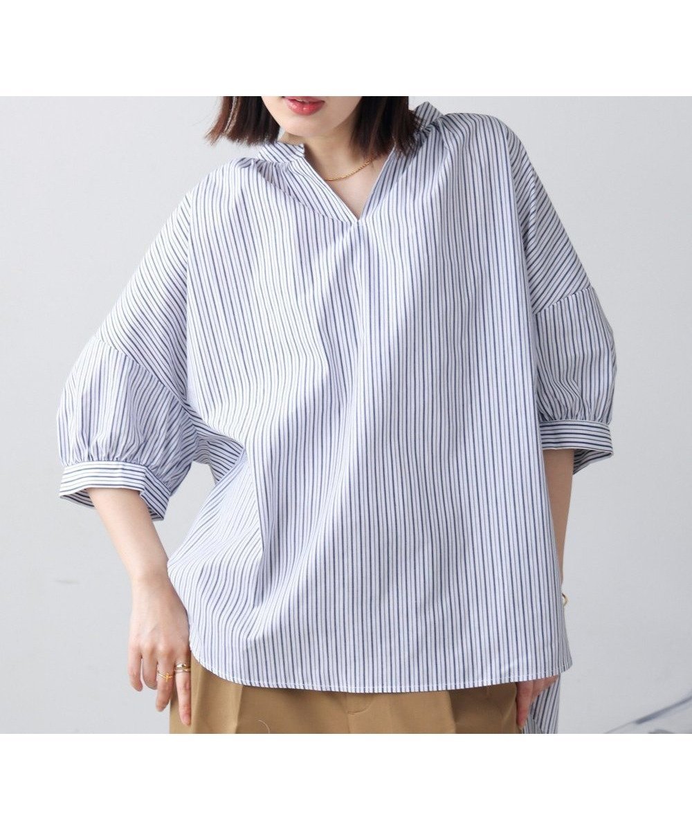 【バブ ブージュルード/Bab Bou Jeloud】のバックギャザーシャツブラウス インテリア・キッズ・メンズ・レディースファッション・服の通販 founy(ファニー) 　ファッション　Fashion　レディースファッション　Ladies' Fashion Online　トップス・カットソー　Tops/Tshirt　シャツ/ブラウス　Shirts/Blouses　バッグ　Bag　シンプル　Simple　スタンド　Stand　ストライプ　Stripe　再入荷　Restock/Back In Stock/Re Arrival　無地　Plain Color　A|ID: prp329100004600240 ipo3291000000032701995