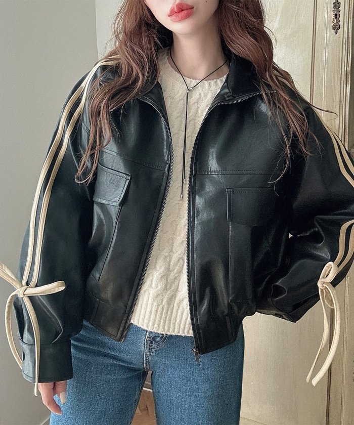 【ジュノア/JUNOAH】のMeiru リボンPUレザーブルゾン インテリア・キッズ・メンズ・レディースファッション・服の通販 founy(ファニー) https://founy.com/ ファッション Fashion レディースファッション Ladies' Fashion Online アウター Coat Outerwear ブルゾン Blouson/Jackets ブルゾン Blouson リボン Ribbon |ID: prp329100004600256 ipo3291000000032702192