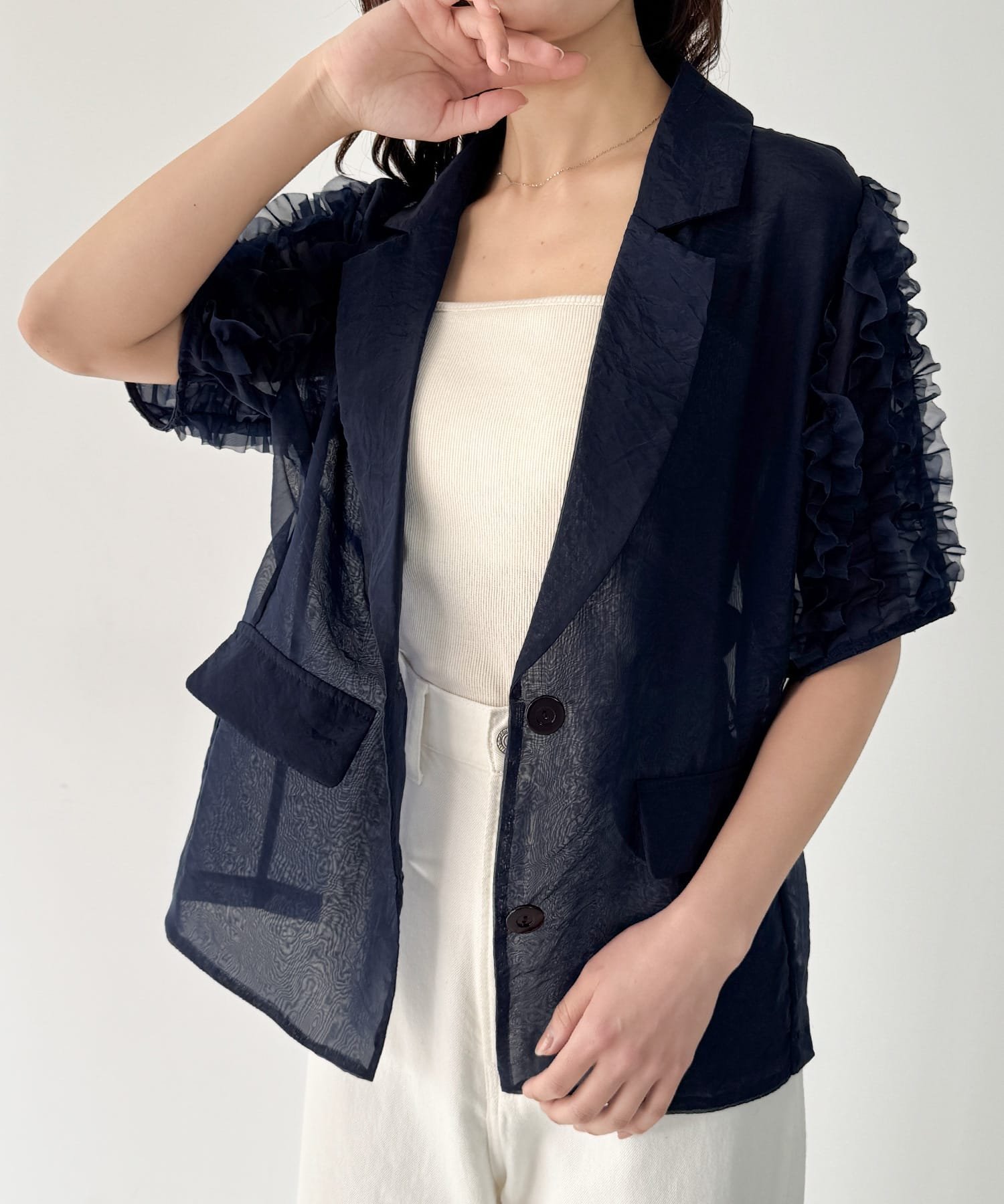 【ジュノア/JUNOAH】のフリル半袖シアーテーラードジャケット インテリア・キッズ・メンズ・レディースファッション・服の通販 founy(ファニー) 　ファッション　Fashion　レディースファッション　Ladies' Fashion Online　アウター　Coat Outerwear　ジャケット　Jackets　テーラードジャケット　Tailored Jackets　フリル　Frills　半袖　Short Sleeve　ネイビー|ID: prp329100004600262 ipo3291000000032702225