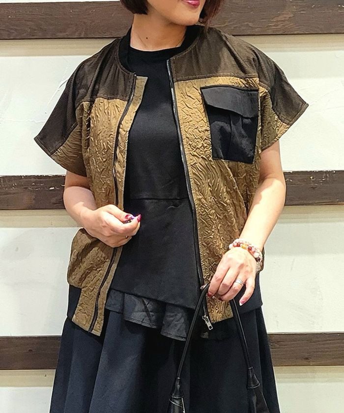 【アクシーズファム/axes femme】の異素材配色フレンチブルゾン インテリア・キッズ・メンズ・レディースファッション・服の通販 founy(ファニー) https://founy.com/ ファッション Fashion レディースファッション Fashion for Women アウター Coat / Outerwear Collection ブルゾンジャケット・スポーティアウター Blouson Jackets おすすめ Recommended / Our Picks ジャカード／ジャガード Jacquard, Woven Pattern タンク Tank Top, Sleeveless Top フレンチ French, French Style ブルゾン Blouson, Bomber Jacket ポケット Pocket, Pocket Detail |ID: prp329100004600312 ipo3291000000032702578