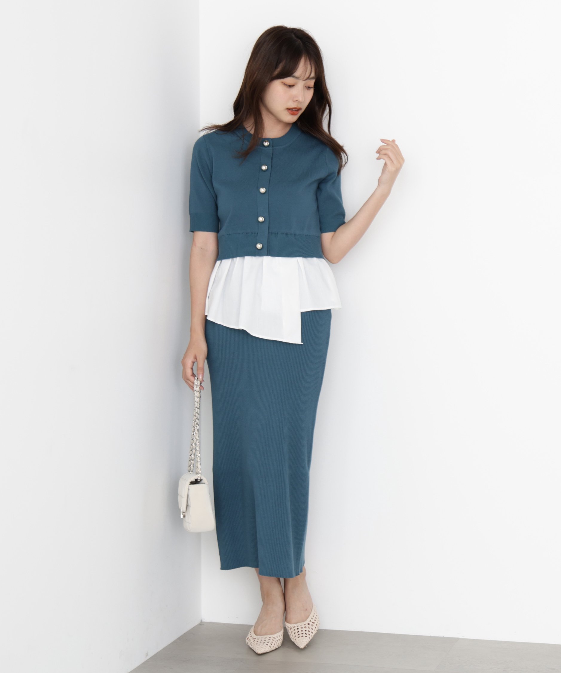 【プロポーション ボディドレッシング/PROPORTION BODY DRESSING】のレイヤード風ニットセットアップ インテリア・キッズ・メンズ・レディースファッション・服の通販 founy(ファニー) 　ファッション　Fashion　レディースファッション　Fashion for Women　トップス・カットソー　Cut & Sew Tops　ニット　Knit Tops & Sweaters　カーディガン　Cardigan, Knitwear　セットアップ　Set-Up, Coordinated Outfit　バランス　Balance, Style Balance　フェミニン　Feminine, Girly　グリーン×ホワイト|ID: prp329100004600511 ipo3291000000032708369