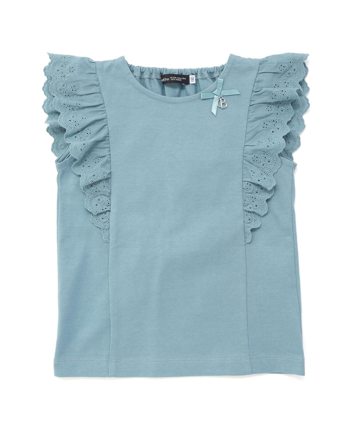 【その他のブランド/Other】の肩フリルレース天竺ノースリーブTシャツ(90~150cm) インテリア・キッズ・メンズ・レディースファッション・服の通販 founy(ファニー) 　ファッション　Fashion　キッズファッション　Fashion for Kids　カットソー　Cut and Sewn Top　チャーム　Charm, Pendant　ノースリーブ　Sleeveless, No-Sleeve　フリル　Frill, Ruffle　ボトム　Bottoms, Lower Wear　リボン　Ribbon, Bow　レース　Lace, Lace Fabric　ワンポイント　One Point, Statement Accent　グリーン|ID: prp329100004600761 ipo3291000000032710350