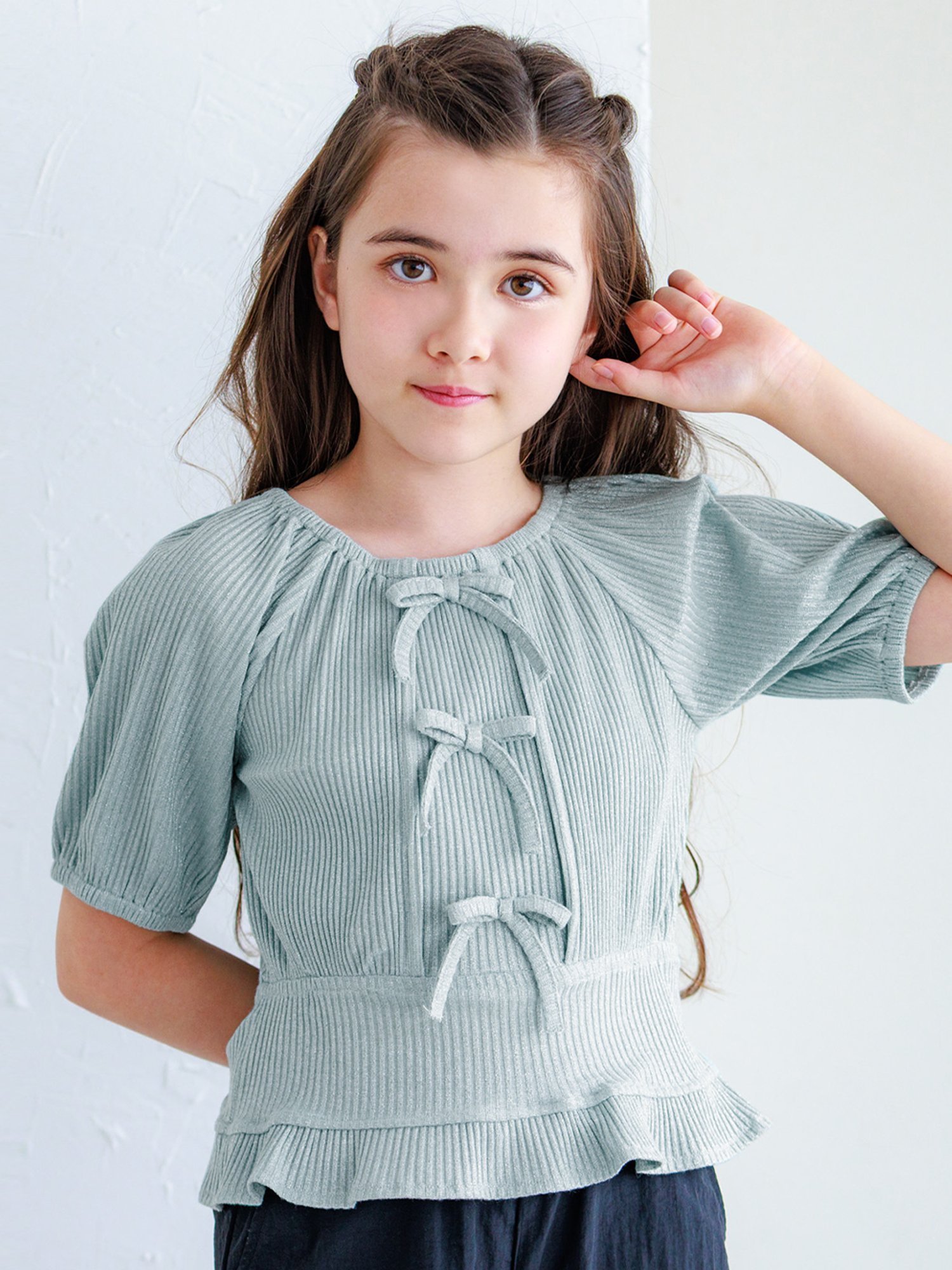 【コカ/coca / KIDS】のキッズ ガールズ ラメリブニットフロントリボントップス インテリア・キッズ・メンズ・レディースファッション・服の通販 founy(ファニー) 　ファッション　Fashion　キッズファッション　Fashion for Kids　トップス・カットソー　Cut & Sew Tops　ポケット　Pocket, Pocket Detail　Lt.blue|ID: prp329100004600784 ipo3291000000032710437