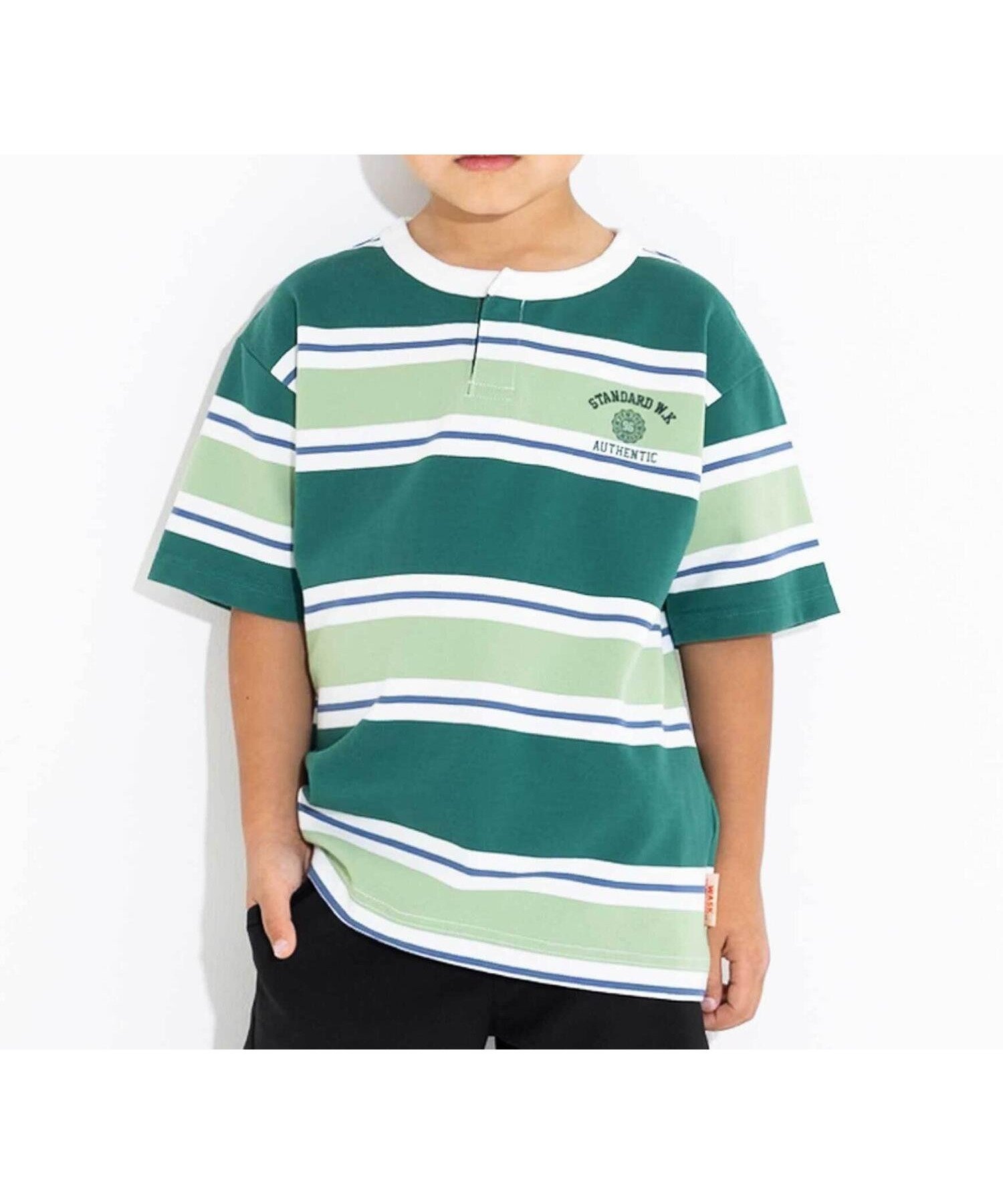 【その他のブランド/Other】のヘンリーネックカノコマルチボーダーTシャツ(110~160cm) インテリア・キッズ・メンズ・レディースファッション・服の通販 founy(ファニー) 　ファッション　Fashion　キッズファッション　Fashion for Kids　鹿の子　Piqué, Kanoko Fabric　ダウン　Down, Puffer　トレンド　Trend, Trending Now　ビッグ　Big, Oversized　ボーダー　Border, Stripe　半袖　Short Sleeve, Half Sleeve　おすすめ　Recommended / Our Picks　夏　Summer　グリーン系|ID: prp329100004600832 ipo3291000000032710692