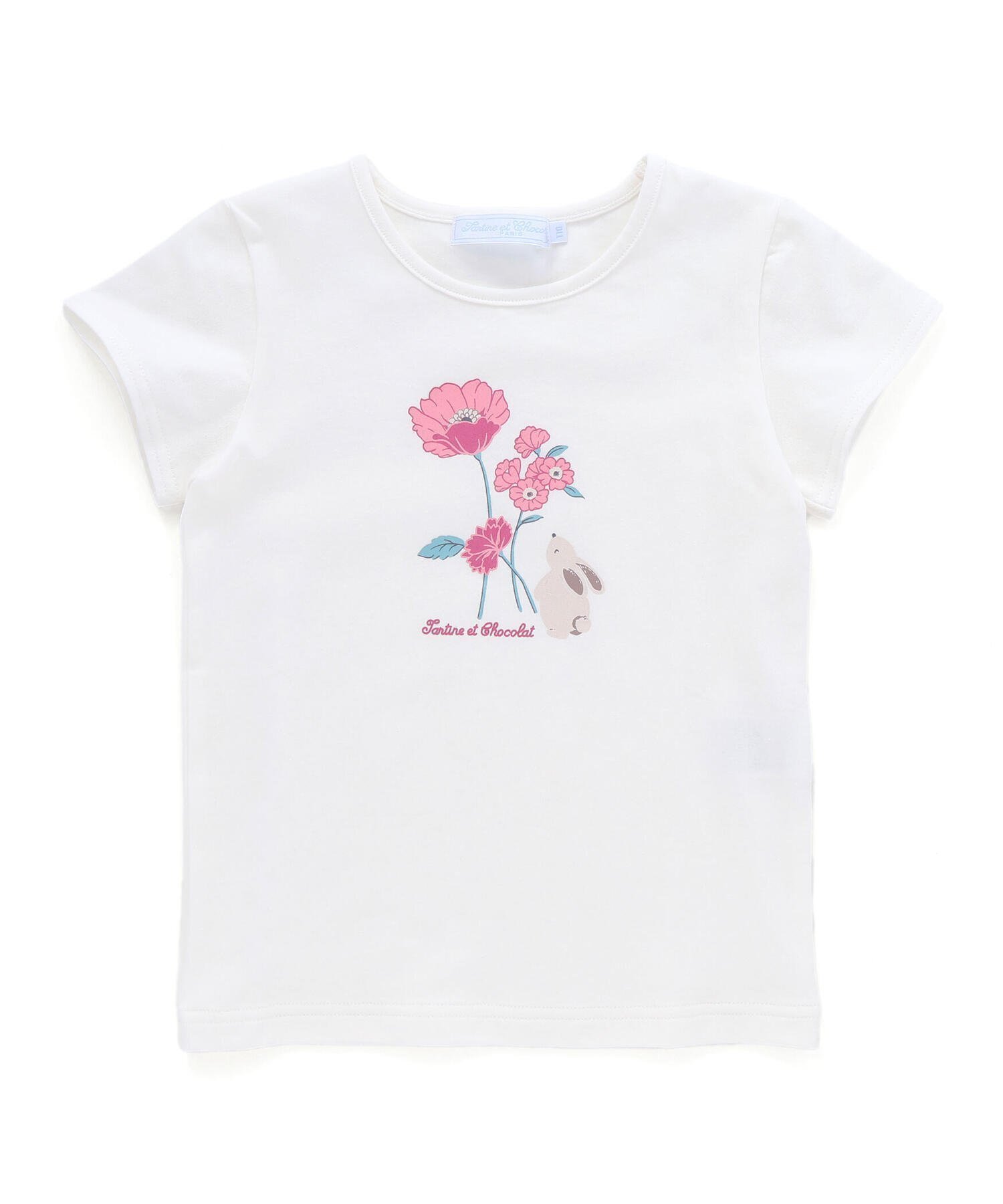 【その他のブランド/Other】の【日本製】ウサギとお花プリント半袖Tシャツ(80~130cm) インテリア・キッズ・メンズ・レディースファッション・服の通販 founy(ファニー) 　ファッション　Fashion　キッズファッション　Fashion for Kids　おすすめ　Recommended / Our Picks　コンパクト　Compact, Small Size　シンプル　Simple, Minimal　フロント　Front, Front Design　プリント　Print, Printed Pattern　半袖　Short Sleeve, Half Sleeve　夏　Summer　日本製　Made In Japan　ホワイト|ID: prp329100004600835 ipo3291000000032710704