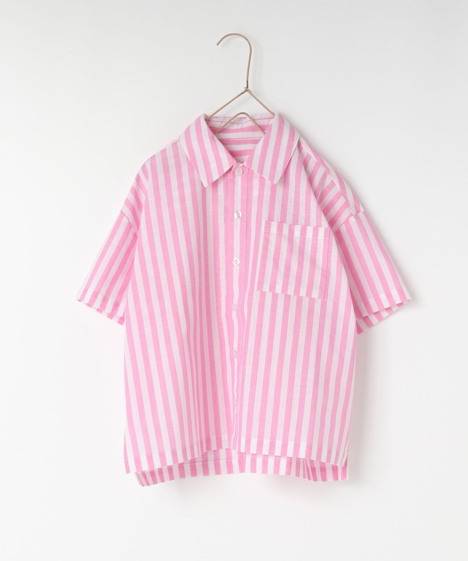 【ローリーズファーム/LOWRYS FARM / KIDS】のストライプシャツ インテリア・キッズ・メンズ・レディースファッション・服の通販 founy(ファニー) 　ファッション　Fashion　キッズファッション　Fashion for Kids　おすすめ　Recommended / Our Picks　ショート　Short, Short Length　ストライプ　Stripe, Striped Pattern　セットアップ　Set-Up, Coordinated Outfit　ワイド　Wide, Wide Fit　夏　Summer　ピンク|ID: prp329100004600843 ipo3291000000032710744
