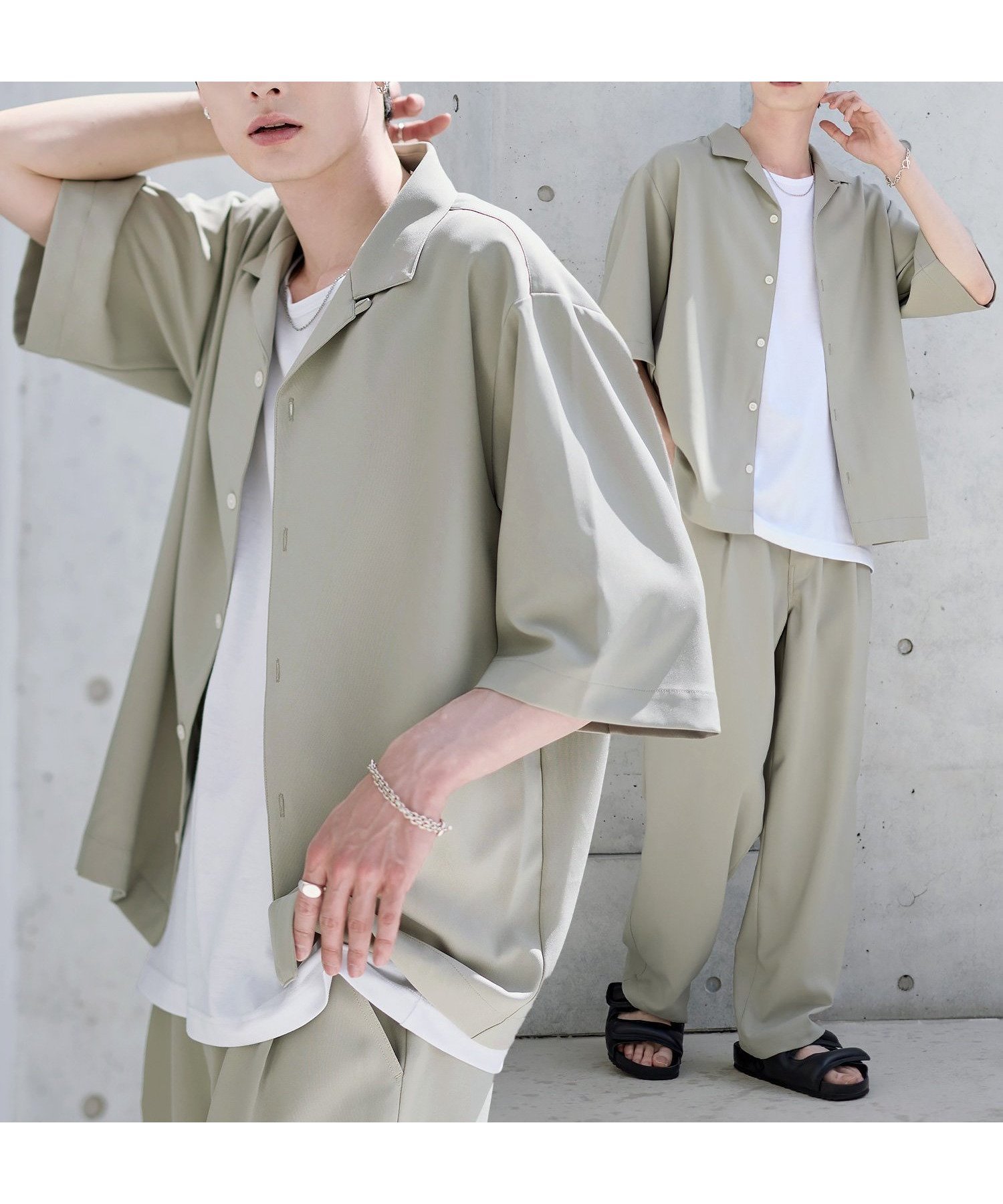 【ザ カジュアル/THE CASUAL / MEN】の【セットアップ 3点セット】防シワ接触冷感リラックスワイドシャツ+天竺タンクトップ+2タックワイドパンツ インテリア・キッズ・メンズ・レディースファッション・服の通販 founy(ファニー) 　ファッション　Fashion　メンズファッション　Fashion for Men　ボトムス　Bottoms　カットソー　Cut and Sewn Top　カーゴパンツ　Cargo Pants, Utility Pants　今季　This Season, Current Season　吸水　Absorbent, Quick-Dry　ショルダー　Shoulder, Shoulder Strap　セットアップ　Set-Up, Coordinated Outfit　タンク　Tank Top, Sleeveless Top　トレンド　Trend, Trending Now　ドロップ　Drop Shoulder, Dropped Style　半袖　Short Sleeve, Half Sleeve　リラックス　Relax, Relaxed Fit　ロング　Long, Long-Length　ワイド　Wide, Wide Fit　おすすめ　Recommended / Our Picks　夏　Summer　エレガント 上品　Elegant　ベージュ|ID: prp329100004600846 ipo3291000000032710754