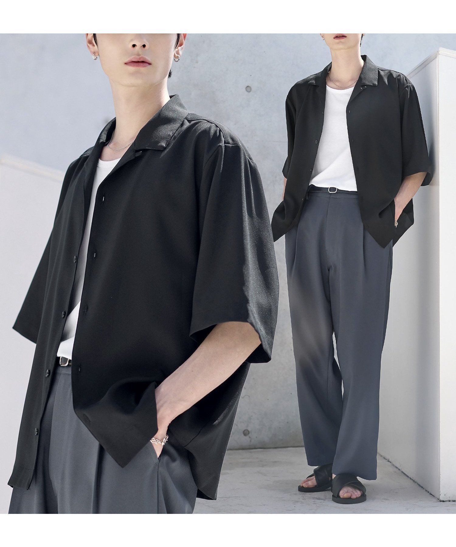 【ザ カジュアル/THE CASUAL / MEN】の【セットアップ 3点セット】防シワ接触冷感リラックスワイドシャツ+天竺タンクトップ+2タックワイドパンツ インテリア・キッズ・メンズ・レディースファッション・服の通販 founy(ファニー) 　ファッション　Fashion　メンズファッション　Fashion for Men　ボトムス　Bottoms　カットソー　Cut and Sewn Top　カーゴパンツ　Cargo Pants, Utility Pants　今季　This Season, Current Season　吸水　Absorbent, Quick-Dry　ショルダー　Shoulder, Shoulder Strap　セットアップ　Set-Up, Coordinated Outfit　タンク　Tank Top, Sleeveless Top　トレンド　Trend, Trending Now　ドロップ　Drop Shoulder, Dropped Style　半袖　Short Sleeve, Half Sleeve　リラックス　Relax, Relaxed Fit　ロング　Long, Long-Length　ワイド　Wide, Wide Fit　おすすめ　Recommended / Our Picks　夏　Summer　エレガント 上品　Elegant　ブラック系|ID: prp329100004600846 ipo3291000000032710756