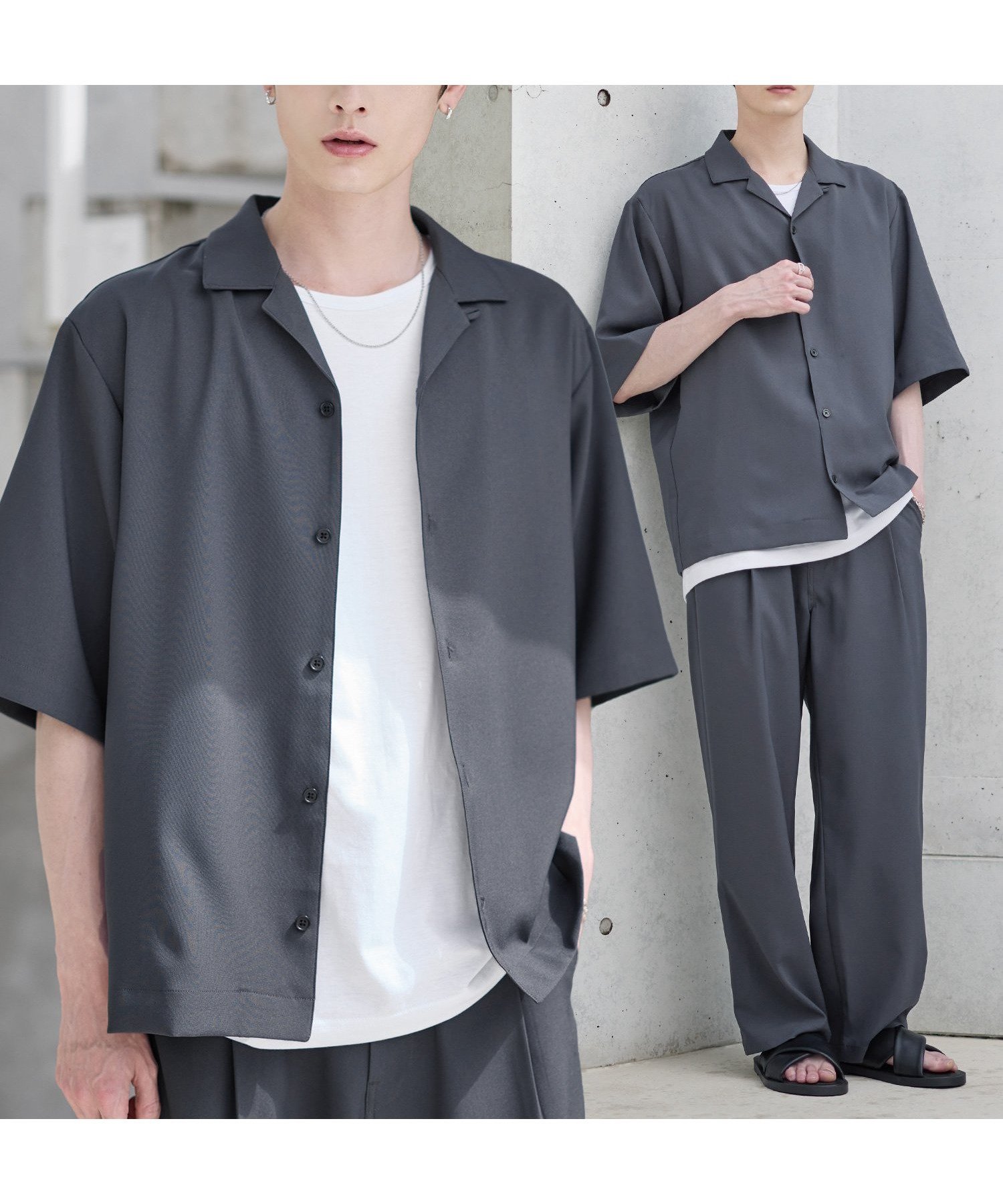 【ザ カジュアル/THE CASUAL / MEN】の【セットアップ 3点セット】防シワ接触冷感リラックスワイドシャツ+天竺タンクトップ+2タックワイドパンツ インテリア・キッズ・メンズ・レディースファッション・服の通販 founy(ファニー) 　ファッション　Fashion　メンズファッション　Fashion for Men　ボトムス　Bottoms　カットソー　Cut and Sewn Top　カーゴパンツ　Cargo Pants, Utility Pants　今季　This Season, Current Season　吸水　Absorbent, Quick-Dry　ショルダー　Shoulder, Shoulder Strap　セットアップ　Set-Up, Coordinated Outfit　タンク　Tank Top, Sleeveless Top　トレンド　Trend, Trending Now　ドロップ　Drop Shoulder, Dropped Style　半袖　Short Sleeve, Half Sleeve　リラックス　Relax, Relaxed Fit　ロング　Long, Long-Length　ワイド　Wide, Wide Fit　おすすめ　Recommended / Our Picks　夏　Summer　エレガント 上品　Elegant　チャコール|ID: prp329100004600846 ipo3291000000032710757