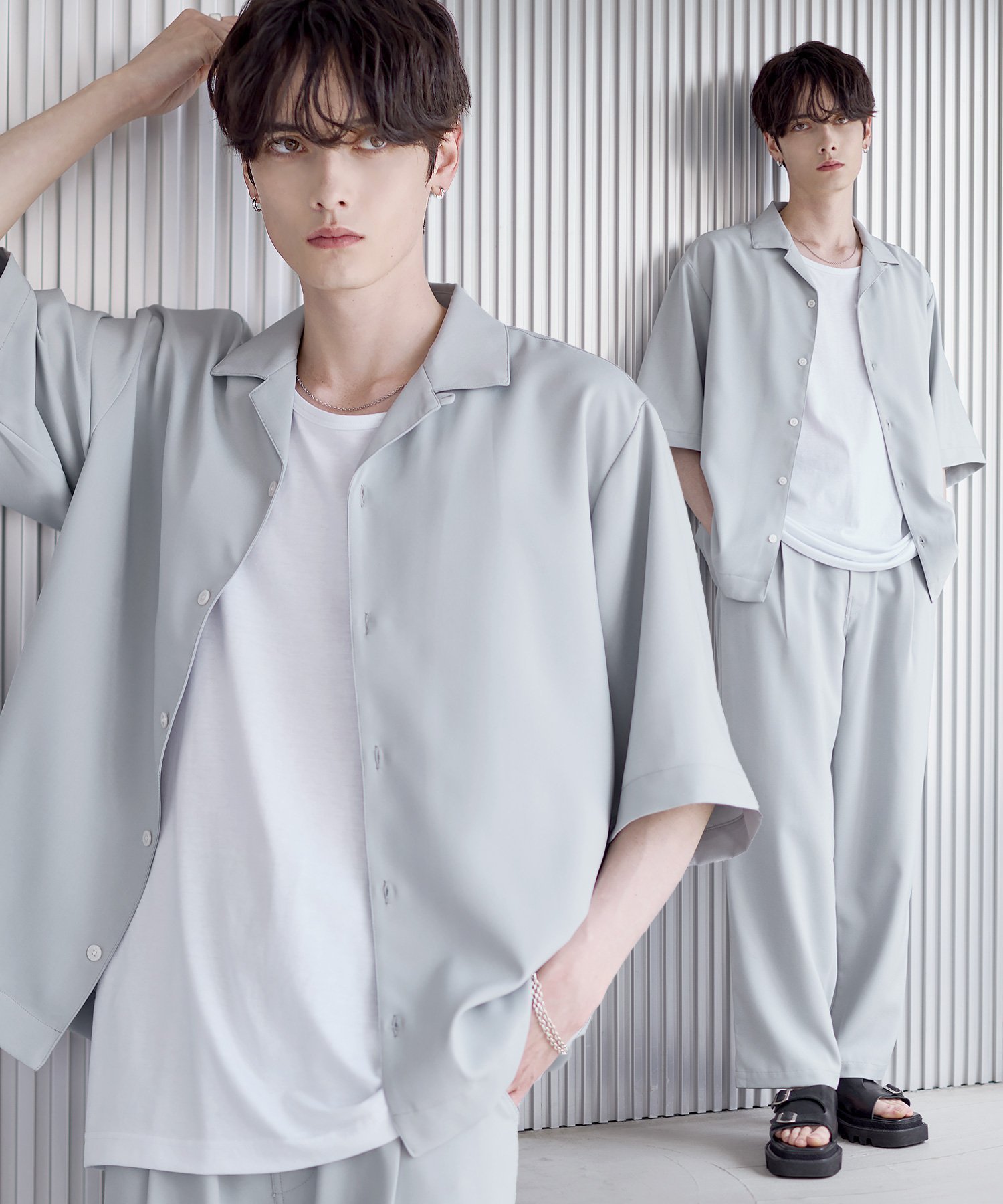 【ザ カジュアル/THE CASUAL / MEN】の【セットアップ 3点セット】防シワ接触冷感リラックスワイドシャツ+天竺タンクトップ+2タックワイドパンツ インテリア・キッズ・メンズ・レディースファッション・服の通販 founy(ファニー) 　ファッション　Fashion　メンズファッション　Fashion for Men　ボトムス　Bottoms　カットソー　Cut and Sewn Top　カーゴパンツ　Cargo Pants, Utility Pants　今季　This Season, Current Season　吸水　Absorbent, Quick-Dry　ショルダー　Shoulder, Shoulder Strap　セットアップ　Set-Up, Coordinated Outfit　タンク　Tank Top, Sleeveless Top　トレンド　Trend, Trending Now　ドロップ　Drop Shoulder, Dropped Style　半袖　Short Sleeve, Half Sleeve　リラックス　Relax, Relaxed Fit　ロング　Long, Long-Length　ワイド　Wide, Wide Fit　おすすめ　Recommended / Our Picks　夏　Summer　エレガント 上品　Elegant　グレー系|ID: prp329100004600846 ipo3291000000032710758