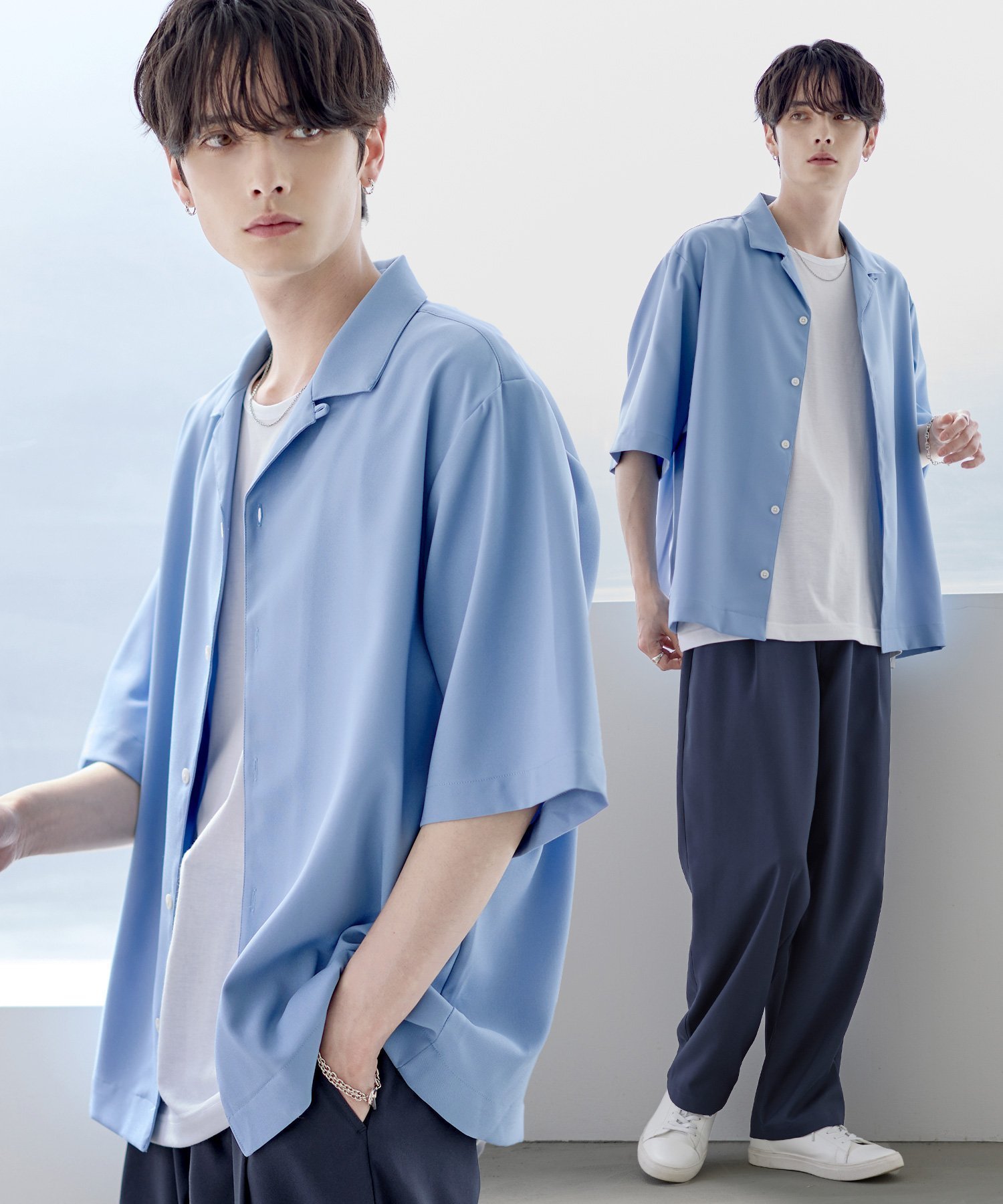 【ザ カジュアル/THE CASUAL / MEN】の【セットアップ 3点セット】防シワ接触冷感リラックスワイドシャツ+天竺タンクトップ+2タックワイドパンツ インテリア・キッズ・メンズ・レディースファッション・服の通販 founy(ファニー) 　ファッション　Fashion　メンズファッション　Fashion for Men　ボトムス　Bottoms　カットソー　Cut and Sewn Top　カーゴパンツ　Cargo Pants, Utility Pants　今季　This Season, Current Season　吸水　Absorbent, Quick-Dry　ショルダー　Shoulder, Shoulder Strap　セットアップ　Set-Up, Coordinated Outfit　タンク　Tank Top, Sleeveless Top　トレンド　Trend, Trending Now　ドロップ　Drop Shoulder, Dropped Style　半袖　Short Sleeve, Half Sleeve　リラックス　Relax, Relaxed Fit　ロング　Long, Long-Length　ワイド　Wide, Wide Fit　おすすめ　Recommended / Our Picks　夏　Summer　エレガント 上品　Elegant　サックス系|ID: prp329100004600846 ipo3291000000032710760