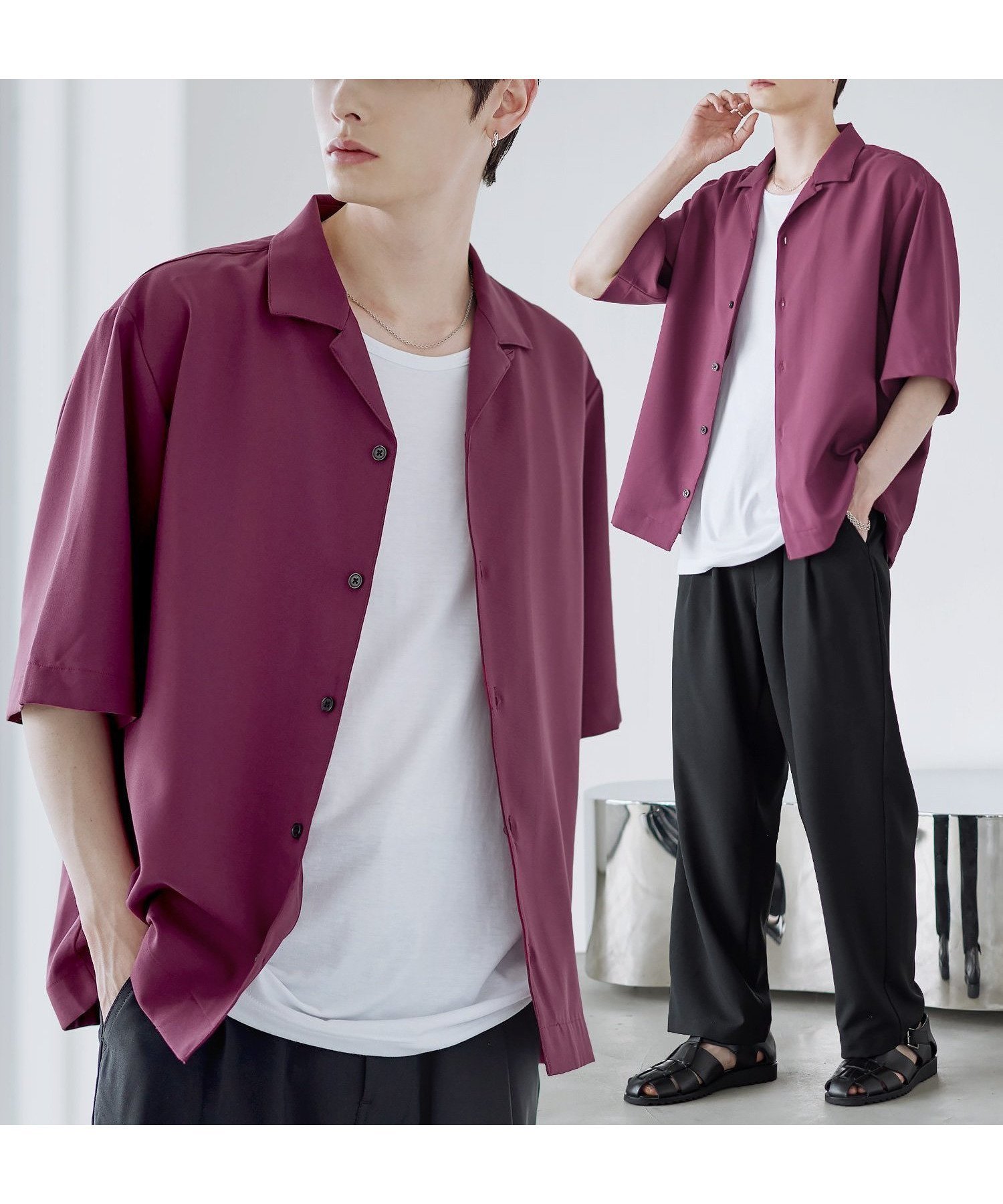 【ザ カジュアル/THE CASUAL / MEN】の【セットアップ 3点セット】防シワ接触冷感リラックスワイドシャツ+天竺タンクトップ+2タックワイドパンツ インテリア・キッズ・メンズ・レディースファッション・服の通販 founy(ファニー) 　ファッション　Fashion　メンズファッション　Fashion for Men　ボトムス　Bottoms　カットソー　Cut and Sewn Top　カーゴパンツ　Cargo Pants, Utility Pants　今季　This Season, Current Season　吸水　Absorbent, Quick-Dry　ショルダー　Shoulder, Shoulder Strap　セットアップ　Set-Up, Coordinated Outfit　タンク　Tank Top, Sleeveless Top　トレンド　Trend, Trending Now　ドロップ　Drop Shoulder, Dropped Style　半袖　Short Sleeve, Half Sleeve　リラックス　Relax, Relaxed Fit　ロング　Long, Long-Length　ワイド　Wide, Wide Fit　おすすめ　Recommended / Our Picks　夏　Summer　エレガント 上品　Elegant　ワイン系|ID: prp329100004600846 ipo3291000000032710762