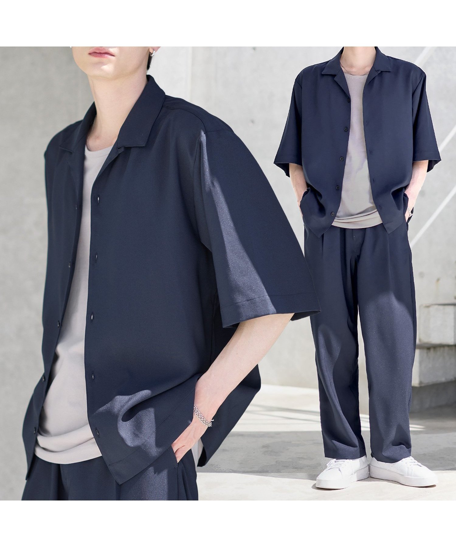 【ザ カジュアル/THE CASUAL / MEN】の【セットアップ 3点セット】防シワ接触冷感リラックスワイドシャツ+天竺タンクトップ+2タックワイドパンツ インテリア・キッズ・メンズ・レディースファッション・服の通販 founy(ファニー) 　ファッション　Fashion　メンズファッション　Fashion for Men　ボトムス　Bottoms　カットソー　Cut and Sewn Top　カーゴパンツ　Cargo Pants, Utility Pants　今季　This Season, Current Season　吸水　Absorbent, Quick-Dry　ショルダー　Shoulder, Shoulder Strap　ストライプ　Stripe, Striped Pattern　セットアップ　Set-Up, Coordinated Outfit　タンク　Tank Top, Sleeveless Top　トレンド　Trend, Trending Now　ドロップ　Drop Shoulder, Dropped Style　半袖　Short Sleeve, Half Sleeve　リラックス　Relax, Relaxed Fit　ロング　Long, Long-Length　ワイド　Wide, Wide Fit　おすすめ　Recommended / Our Picks　夏　Summer　エレガント 上品　Elegant　ネイビー|ID: prp329100004600846 ipo3291000000033524485