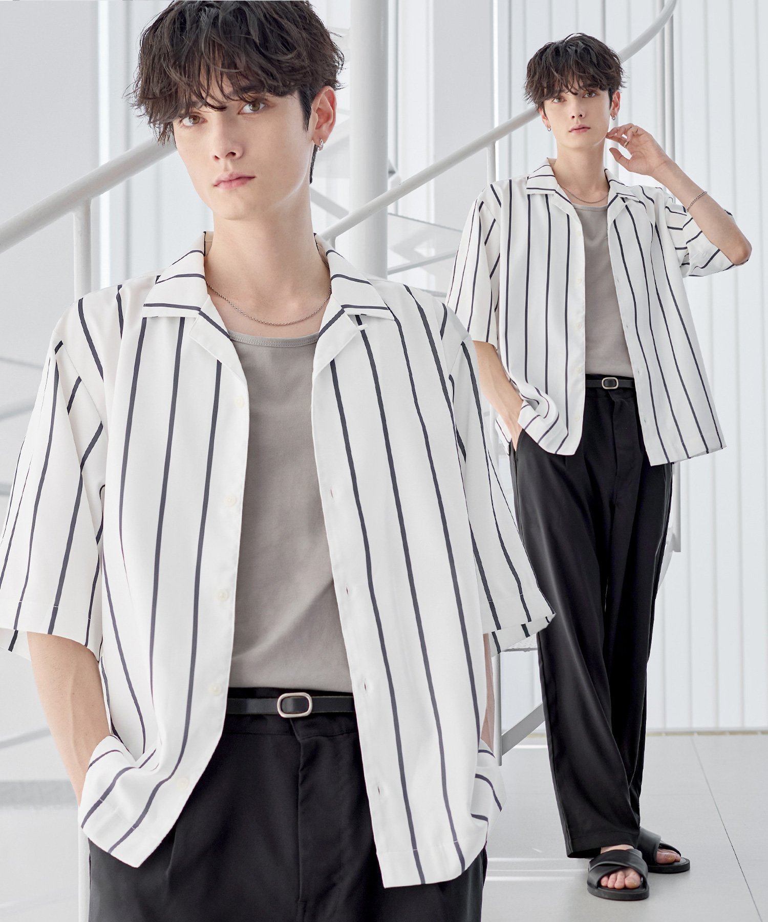 【ザ カジュアル/THE CASUAL / MEN】の【セットアップ 3点セット】防シワ接触冷感リラックスワイドシャツ+天竺タンクトップ+2タックワイドパンツ インテリア・キッズ・メンズ・レディースファッション・服の通販 founy(ファニー) 　ファッション　Fashion　メンズファッション　Fashion for Men　ボトムス　Bottoms　カットソー　Cut and Sewn Top　カーゴパンツ　Cargo Pants, Utility Pants　今季　This Season, Current Season　吸水　Absorbent, Quick-Dry　ショルダー　Shoulder, Shoulder Strap　ストライプ　Stripe, Striped Pattern　セットアップ　Set-Up, Coordinated Outfit　タンク　Tank Top, Sleeveless Top　トレンド　Trend, Trending Now　ドロップ　Drop Shoulder, Dropped Style　半袖　Short Sleeve, Half Sleeve　リラックス　Relax, Relaxed Fit　ロング　Long, Long-Length　ワイド　Wide, Wide Fit　おすすめ　Recommended / Our Picks　夏　Summer　エレガント 上品　Elegant　ストライプ系|ID: prp329100004600846 ipo3291000000033524498