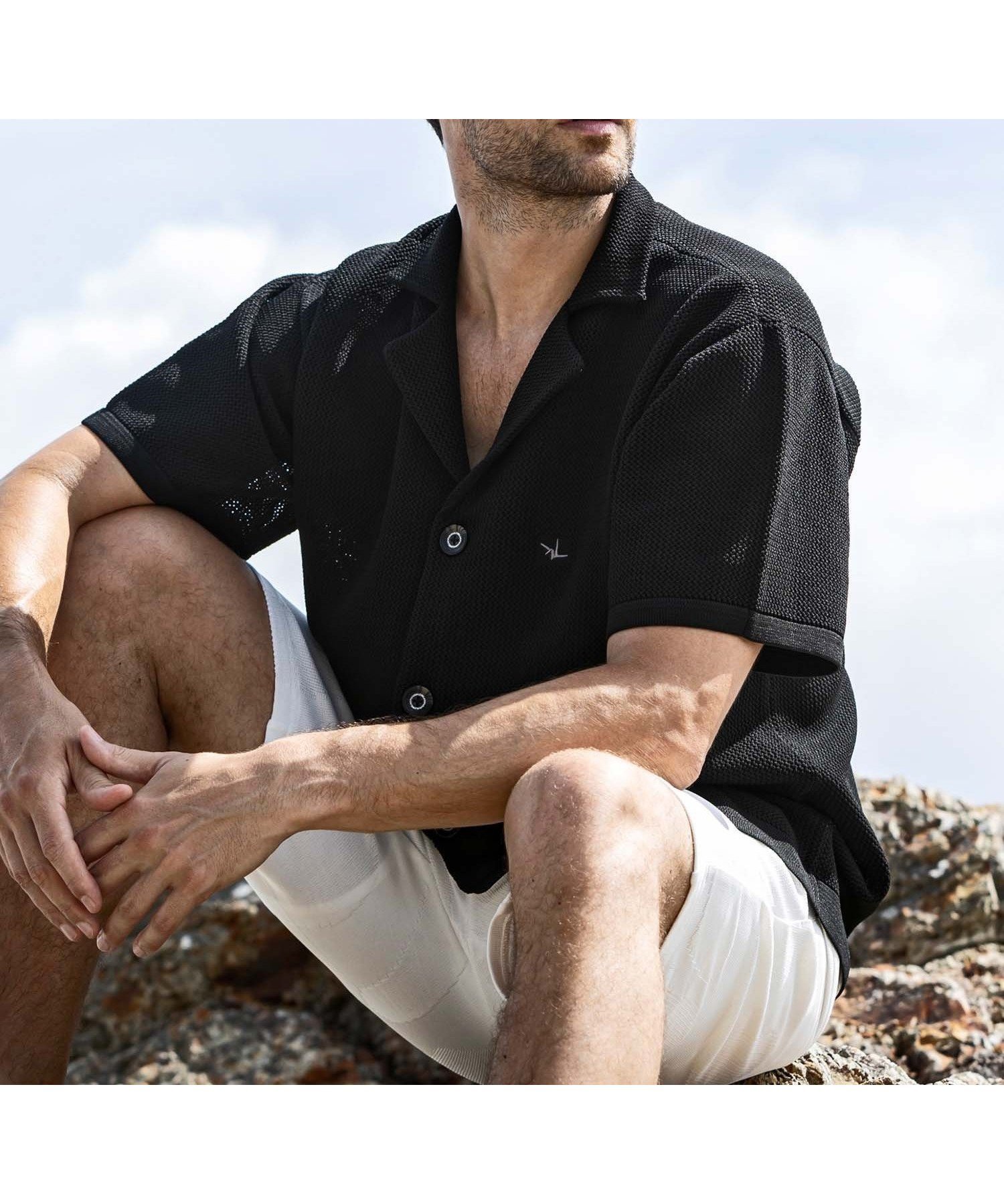 【シフォン/SHIFFON / MEN】の1PIU1UGUALE3 RELAX ニットオープンカラーシャツ インテリア・キッズ・メンズ・レディースファッション・服の通販 founy(ファニー) 　ファッション　Fashion　メンズファッション　Fashion for Men　春　Spring　吸水　Absorbent, Quick-Dry　ショーツ　Shorts, Short Pants　シンプル　Simple, Minimal　ベーシック　Basic, Essential　メッシュ　Mesh, Net Fabric　リラックス　Relax, Relaxed Fit　S/S・春夏　SS, Spring/Summer, Warm Season　夏　Summer　black|ID: prp329100004600937 ipo3291000000032711331
