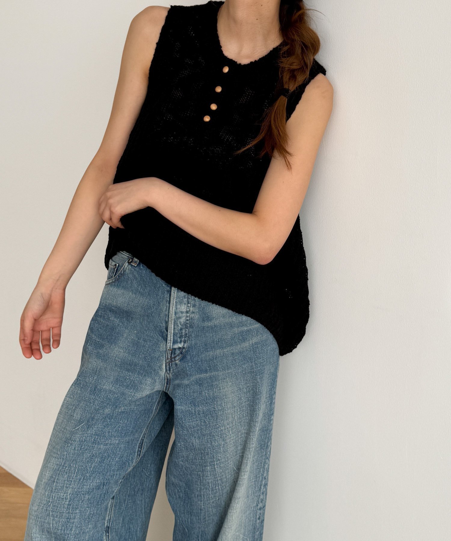 【キャナルジーン/CANAL JEAN】のEl mar ヘンリーバルーンニットタンクトップ インテリア・キッズ・メンズ・レディースファッション・服の通販 founy(ファニー) 　ファッション　Fashion　レディースファッション　Fashion for Women　トップス・カットソー　Cut & Sew Tops　ニット　Knit Tops & Sweaters　おすすめ　Recommended / Our Picks　アクリル　Acrylic Material　デニム　Denim, Jeans Material　ボトム　Bottoms, Lower Wear　ワイド　Wide, Wide Fit　ブラック|ID: prp329100004601070 ipo3291000000032712414