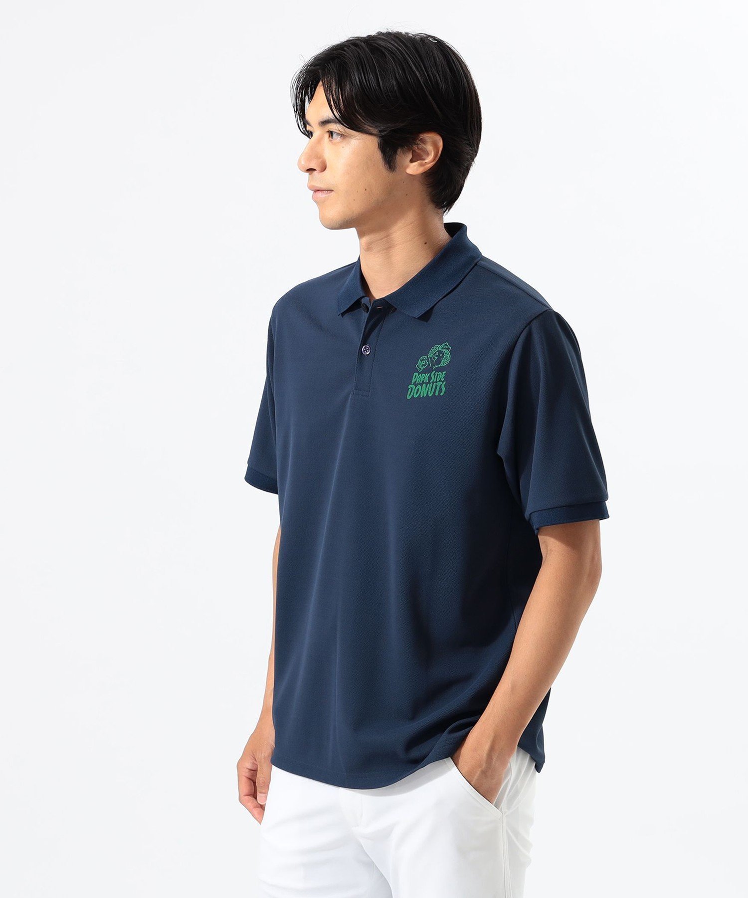 【その他のブランド/Other】のMEN 【別注】PARK SIDE DONUTS / ドーナツボーイ ポロシャツ【DRY・UV・STRETCH】. インテリア・キッズ・メンズ・レディースファッション・服の通販 founy(ファニー) 　ファッション　Fashion　メンズファッション　Fashion for Men　コレクション　Collection, Seasonal Line　吸水　Absorbent, Quick-Dry　軽量　Lightweight, Ultra Light　ストレッチ　Stretch, Stretchy Fabric　定番　Standard, Basic Item　人気　Popular, Best Seller　パフォーマンス　Performance, Active Function　フロント　Front, Front Design　プリント　Print, Printed Pattern　ポロシャツ　Polo Shirt, Collared Tee　別注　Limited Edition, Custom Order　メッシュ　Mesh, Net Fabric　ゴルフ　Golf　NAVY|ID: prp329100004601077 ipo3291000000032712476