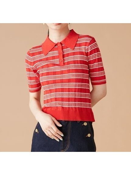 【リリーブラウン/Lily Brown】のシアーニットポロシャツ インテリア・キッズ・メンズ・レディースファッション・服の通販 founy(ファニー) 　ファッション　Fashion　レディースファッション　Fashion for Women　トップス・カットソー　Cut & Sew Tops　ニット　Knit Tops & Sweaters　シャツ・ブラウス・オフィスカジュアル　Elegant Blouses & Button-Ups　ポロシャツ・きれいめカジュアル　Smart-Casual Polo Tops　コンパクト　Compact, Small Size　ストライプ　Stripe, Striped Pattern　ボーダー　Border, Stripe　ポロシャツ　Polo Shirt, Collared Tee　RED[046]|ID: prp329100004601083 ipo3291000000032712551