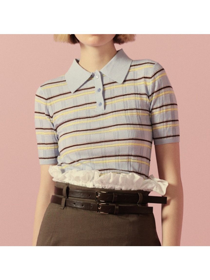 【リリーブラウン/Lily Brown】のシアーニットポロシャツ インテリア・キッズ・メンズ・レディースファッション・服の通販 founy(ファニー) 　ファッション　Fashion　レディースファッション　Fashion for Women　トップス・カットソー　Cut & Sew Tops　ニット　Knit Tops & Sweaters　シャツ・ブラウス・オフィスカジュアル　Elegant Blouses & Button-Ups　ポロシャツ・きれいめカジュアル　Smart-Casual Polo Tops　コンパクト　Compact, Small Size　ストライプ　Stripe, Striped Pattern　ボーダー　Border, Stripe　ポロシャツ　Polo Shirt, Collared Tee　BLU[086]|ID: prp329100004601083 ipo3291000000032712552