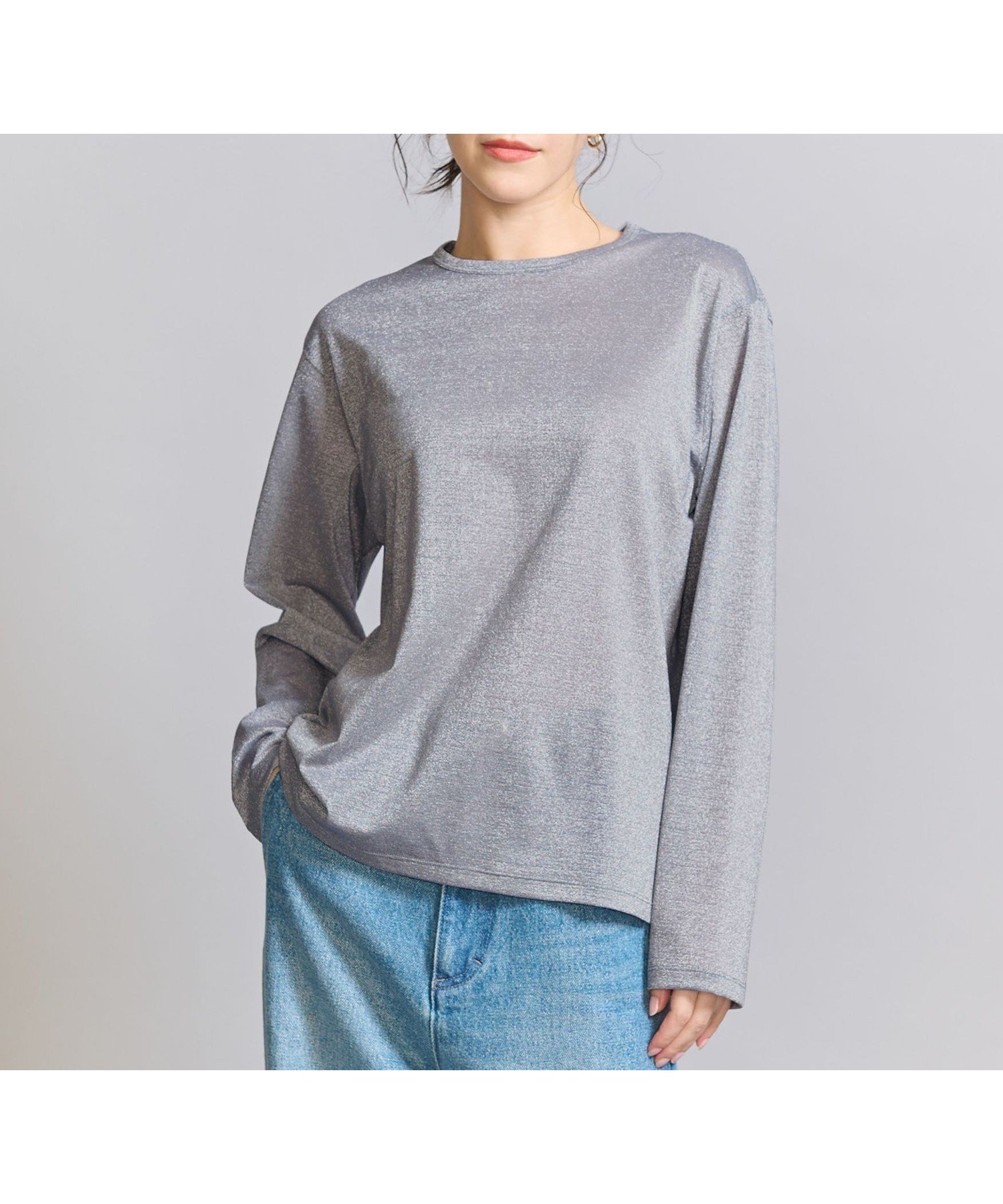 【その他のブランド/Other】のラメシアー ロングスリーブ カットソー インテリア・キッズ・メンズ・レディースファッション・服の通販 founy(ファニー) 　ファッション　Fashion　レディースファッション　Fashion for Women　トップス・カットソー　Cut & Sew Tops　カットソー・ベーシックTシャツ　Cut-and-Sewn Tops / Stretch Tees & Basics　おすすめ　Recommended / Our Picks　インナー　Innerwear　カットソー　Cut and Sewn Top　ジャンスカ　Jumper Skirt, Pinafore Dress　スウェット / スエット　Sweatshirt, Sweatwear　スリーブ　Sleeve, Long Sleeve / Short Sleeve　ロング　Long, Long-Length　SILVER|ID: prp329100004601194 ipo3291000000032713378