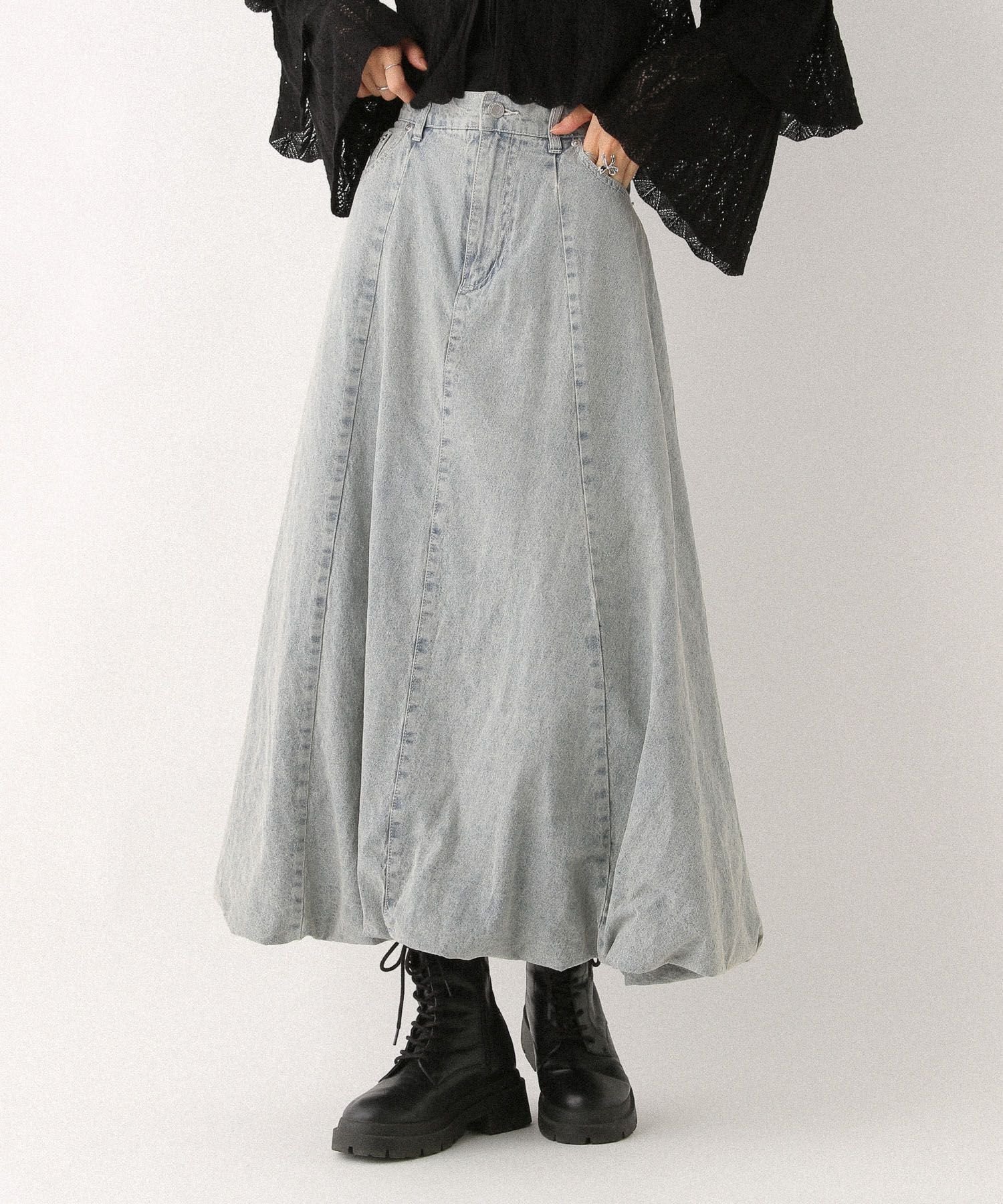 【ヘザー/Heather】のバルーンデニムロングスカート インテリア・キッズ・メンズ・レディースファッション・服の通販 founy(ファニー) 　ファッション　Fashion　レディースファッション　Fashion for Women　スカート　Skirts　ロングスカート　Long Skirts / Maxi & Midi Skirts　おすすめ　Recommended / Our Picks　コンパクト　Compact, Small Size　デニム　Denim, Jeans Material　ブルー|ID: prp329100004601219 ipo3291000000032713612