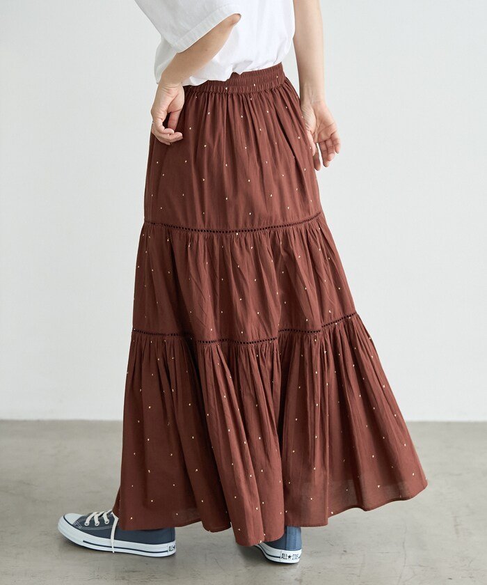 【フリークスストア/FREAK'S STORE】のインド ラメドット ティアードマキシスカート/はしごレース ティアードマキシスカート インテリア・キッズ・メンズ・レディースファッション・服の通販 founy(ファニー) 　ファッション　Fashion　レディースファッション　Fashion for Women　スカート　Skirts　冬　Winter / This Winter　インド　Indian Textile　ティアード　Tiered, Tiered Style　ドット　Polka Dot, Dot Pattern　フレア　Flare, Flared　マキシ　Maxi, Full Length　レース　Lace, Lace Fabric　人気　Popular, Best Seller　定番　Standard, Basic Item　秋　Autumn　A/W・秋冬　Autumn/Winter　ブラウン|ID: prp329100004601220 ipo3291000000032713623