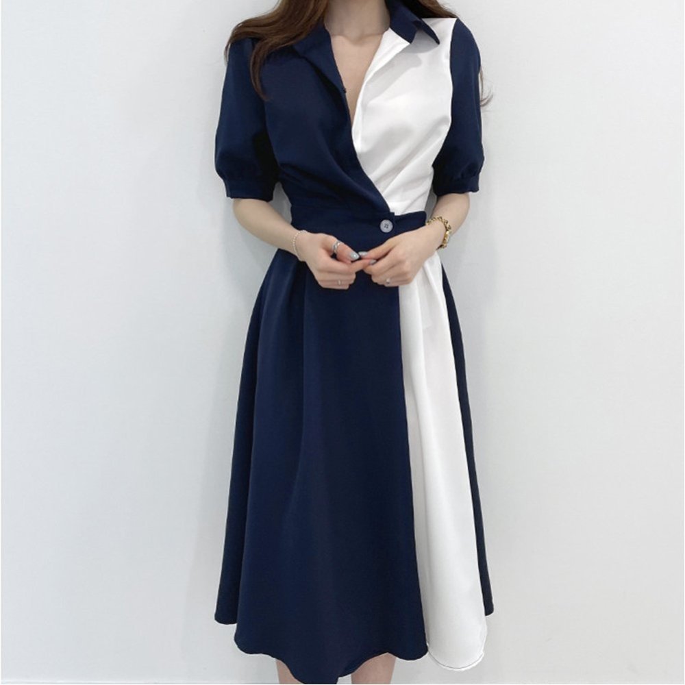 【ミニミニストア/miniministore】のシャツワンピース ロング レディース韓国 インテリア・キッズ・メンズ・レディースファッション・服の通販 founy(ファニー) 　ファッション　Fashion　レディースファッション　Fashion for Women　ワンピース　Dresses　シャツワンピース / 1枚で着映えコーデ　Shirt Dresses　スキッパー　Skipper, Open Collar　デコルテ　Décolleté, Neckline　モダン　Modern, Contemporary　ロング　Long, Long-Length　エレガント 上品　Elegant　半袖　Short Sleeve, Half Sleeve　夏　Summer　春　Spring　S/S・春夏　SS, Spring/Summer, Warm Season　ビジネス 仕事 通勤　Business / Work / Commuting　ネイビー|ID: prp329100004601294 ipo3291000000032714218