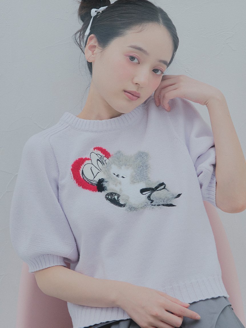 【ファーファー/FURFUR】の【Lizii Lin】キャットジャガードニットトップス インテリア・キッズ・メンズ・レディースファッション・服の通販 founy(ファニー) 　ファッション　Fashion　レディースファッション　Fashion for Women　トップス・カットソー　Cut & Sew Tops　ニット　Knit Tops & Sweaters　イラスト　Illustration　バランス　Balance, Style Balance　フェザーヤーン　Feather Yarn, Fluffy Yarn　半袖　Short Sleeve, Half Sleeve　猫　Cat, Kitty　LAV[071]|ID: prp329100004601358 ipo3291000000032714797