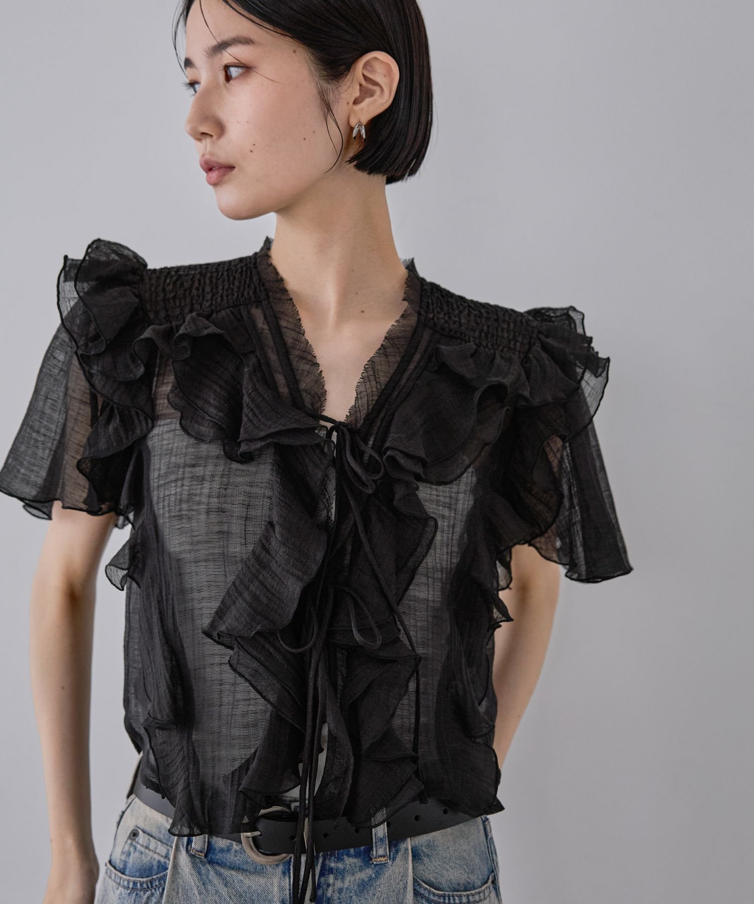 【ジーナシス/JEANASiS】のウーブンシアーラッフルブラウス インテリア・キッズ・メンズ・レディースファッション・服の通販 founy(ファニー) 　ファッション　Fashion　レディースファッション　Fashion for Women　トップス・カットソー　Cut & Sew Tops　シャツ・ブラウス・オフィスカジュアル　Elegant Blouses & Button-Ups　カットオフ　Cut-Off Design　コンパクト　Compact, Small Size　今季　This Season, Current Season　シアー　Sheer, See-Through　シンプル　Simple, Minimal　スラックス　Slacks, Dress Pants　デニム　Denim, Jeans Material　トレンド　Trend, Trending Now　バランス　Balance, Style Balance　フェミニン　Feminine, Girly　フリル　Frill, Ruffle　フロント　Front, Front Design　羽織　Haori, Light Jacket　夏　Summer　エレガント 上品　Elegant　ブラック|ID: prp329100004601391 ipo3291000000032715070