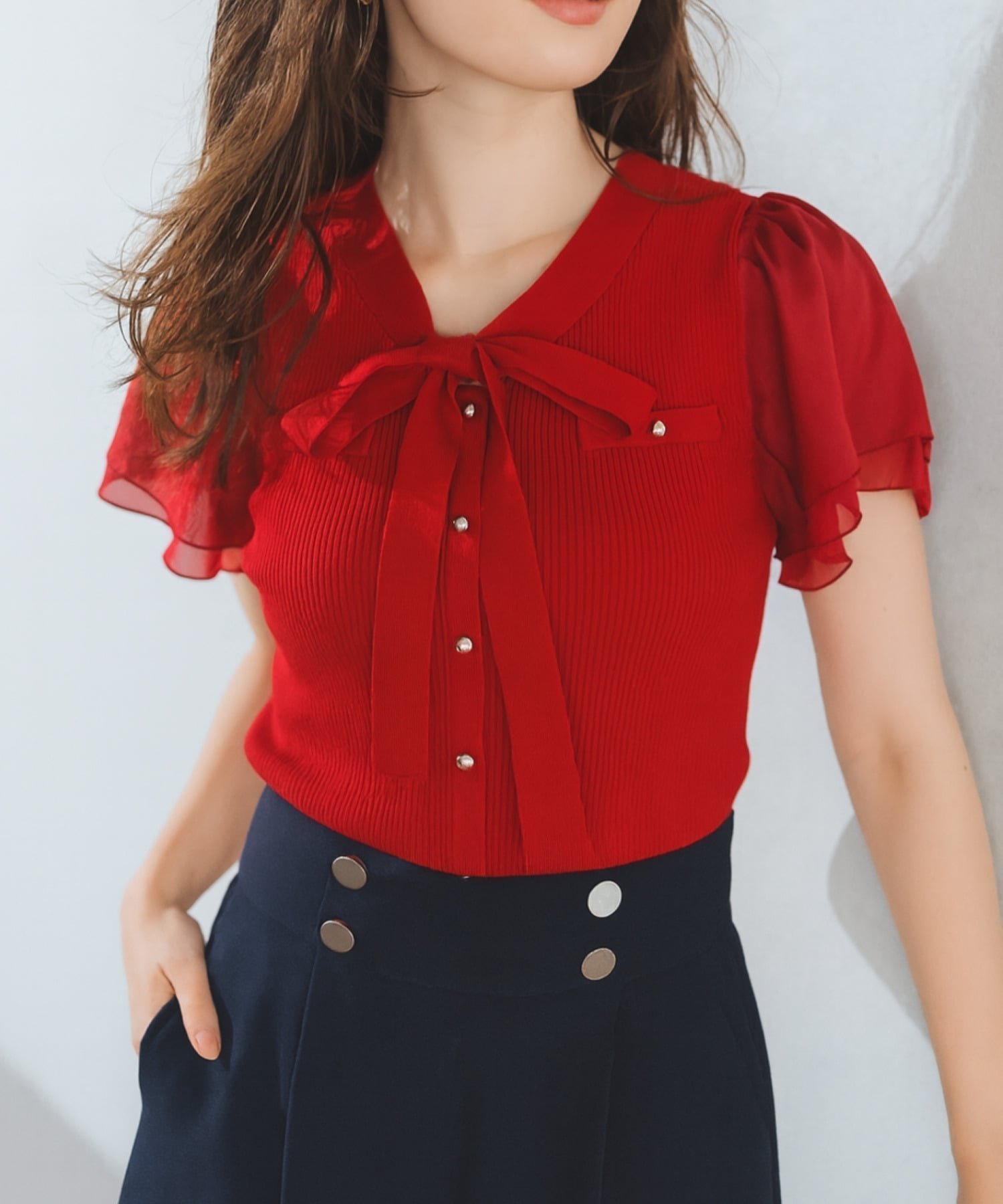 【ミッシュマッシュ/MISCH MASCH】の2025春夏新作 ゴールド釦シアー袖ボウタイニット 人気、トレンドファッション・服の通販 founy(ファニー) 　ファッション　Fashion　レディースファッション　Fashion for Women　トップス・カットソー　Cut & Sew Tops　ニット　Knit Tops & Sweaters　2025年　2025　2025春夏・S/S　Spring/Summer 2025 SS25　シアー　Sheer, See-Through　シンプル　Simple, Minimal　トレンド　Trend, Trending Now　フィット　Fit, Slim Fit　エレガント 上品　Elegant　夏　Summer　春　Spring　S/S・春夏　SS, Spring/Summer, Warm Season　 other-1|ID: prp329100004601399 ipo3291000000033642023