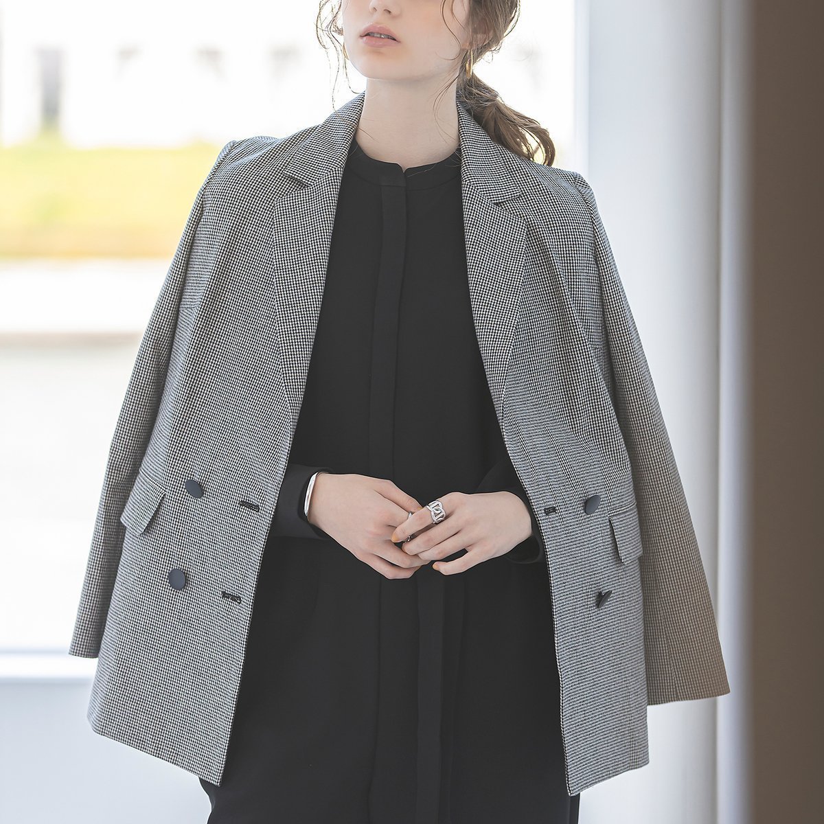 【エウクレイド/EUCLAID】のアムンゼンクロスチェックダブルジャケット インテリア・キッズ・メンズ・レディースファッション・服の通販 founy(ファニー) 　ファッション　Fashion　レディースファッション　Fashion for Women　アウター　Coat / Outerwear Collection　レディースジャケット・軽アウター　Jackets　春　Spring　カットソー　Cut and Sewn Top　コンパクト　Compact, Small Size　今季　This Season, Current Season　ジャケット　Jacket, Outerwear　ダブル　Double, Double-Breasted　チェック　Check, Plaid, Tartan　トレンド　Trend, Trending Now　人気　Popular, Best Seller　ハイネック　High Neck, Mock Neck　バランス　Balance, Style Balance　パターン　Pattern, Design Print　フロント　Front, Front Design　マニッシュ　Mannish, Boyish　リラックス　Relax, Relaxed Fit　ルーズ　Loose, Oversized　S/S・春夏　SS, Spring/Summer, Warm Season　おすすめ　Recommended / Our Picks　夏　Summer　ブラック|ID: prp329100004602095 ipo3291000000032721123