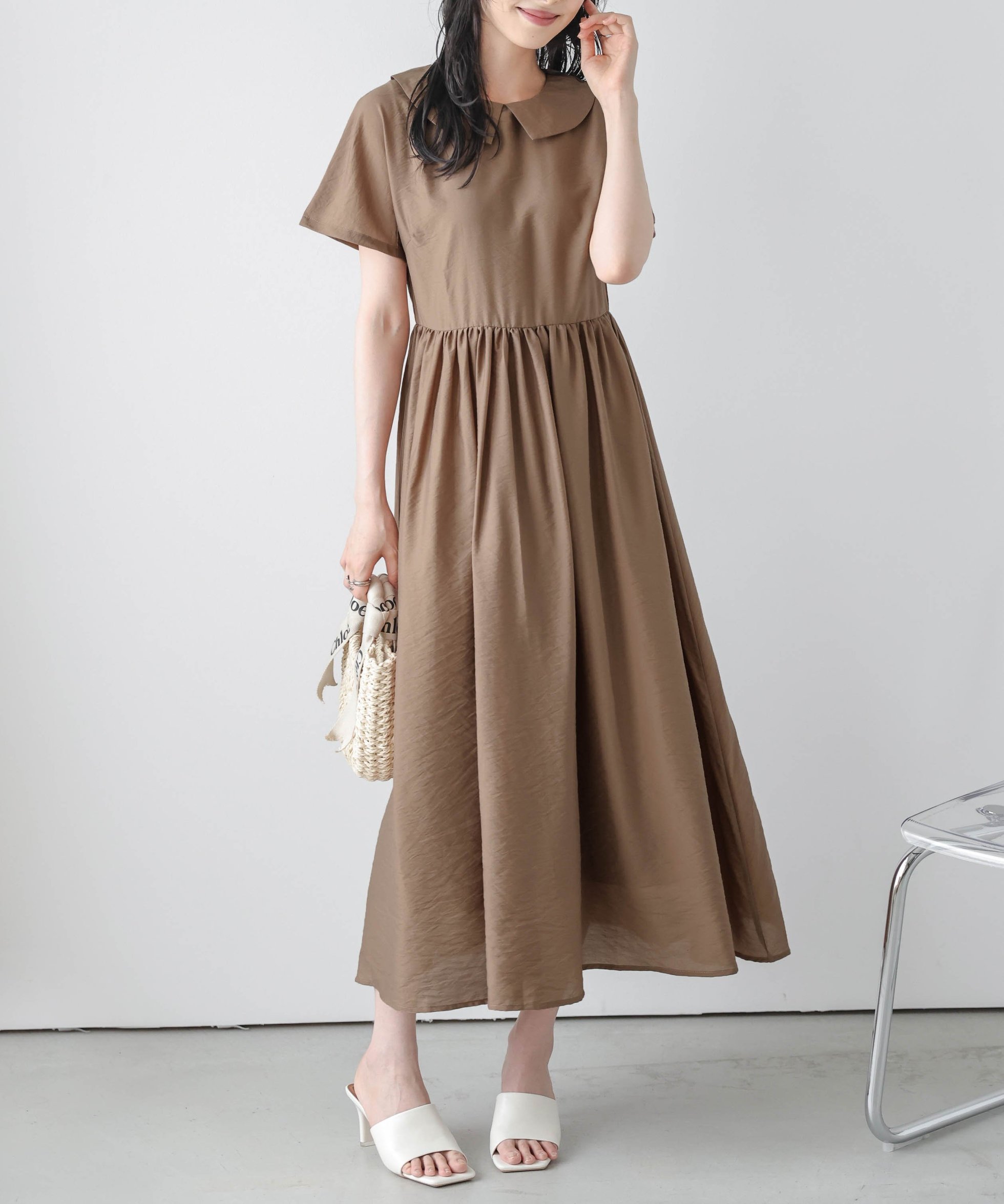 【ラジュール/Lajour】のフラットカラーフレアワンピース インテリア・キッズ・メンズ・レディースファッション・服の通販 founy(ファニー) 　ファッション　Fashion　レディースファッション　Fashion for Women　ワンピース　Dresses　ギャザー　Gathered, Ruffled　シアー　Sheer, See-Through　フラット　Flat, Flat Shoes　フレア　Flare, Flared　エレガント 上品　Elegant　夏　Summer　ブラウン|ID: prp329100004602218 ipo3291000000033595747