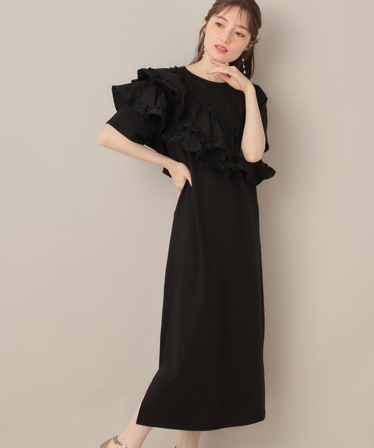 【クチュール ブローチ/Couture Brooch】のアシメフリルTシャツワンピース インテリア・キッズ・メンズ・レディースファッション・服の通販 founy(ファニー) 　ファッション　Fashion　レディースファッション　Fashion for Women　ワンピース　Dresses　シャツワンピース / 1枚で着映えコーデ　Shirt Dresses　ドッキング　Docking, Mixed Material　フリル　Frill, Ruffle　ポケット　Pocket, Pocket Detail　ブラック|ID: prp329100004602244 ipo3291000000032722339