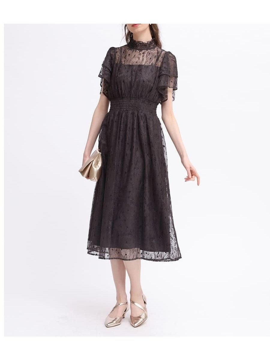 【ヴァン/Vin】の総レースミディフレアドレス インテリア・キッズ・メンズ・レディースファッション・服の通販 founy(ファニー) 　ファッション　Fashion　レディースファッション　Fashion for Women　ワンピース　Dresses　フォーマル・パーティードレス・結婚式用ドレス　Elegant & Casual Dresses　クラシカル　Classical, Vintage-Inspired　ドレス　Dress, One-Piece　フリル　Frill, Ruffle　フレア　Flare, Flared　レース　Lace, Lace Fabric　ブラウン|ID: prp329100004602249 ipo3291000000032722377