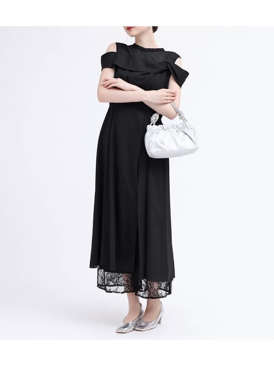 【ヴァン/Vin】のオフショルダーレースレイヤードドレス インテリア・キッズ・メンズ・レディースファッション・服の通販 founy(ファニー) 　ファッション　Fashion　レディースファッション　Fashion for Women　ワンピース　Dresses　フォーマル・パーティードレス・結婚式用ドレス　Elegant & Casual Dresses　エレガント 上品　Elegant　オーガンジー　Organza Fabric　スリット　Slit, Slit Detail　デコルテ　Décolleté, Neckline　ドレス　Dress, One-Piece　パーティ　Party, Party Style　リボン　Ribbon, Bow　レース　Lace, Lace Fabric　ブラック|ID: prp329100004602260 ipo3291000000032722556