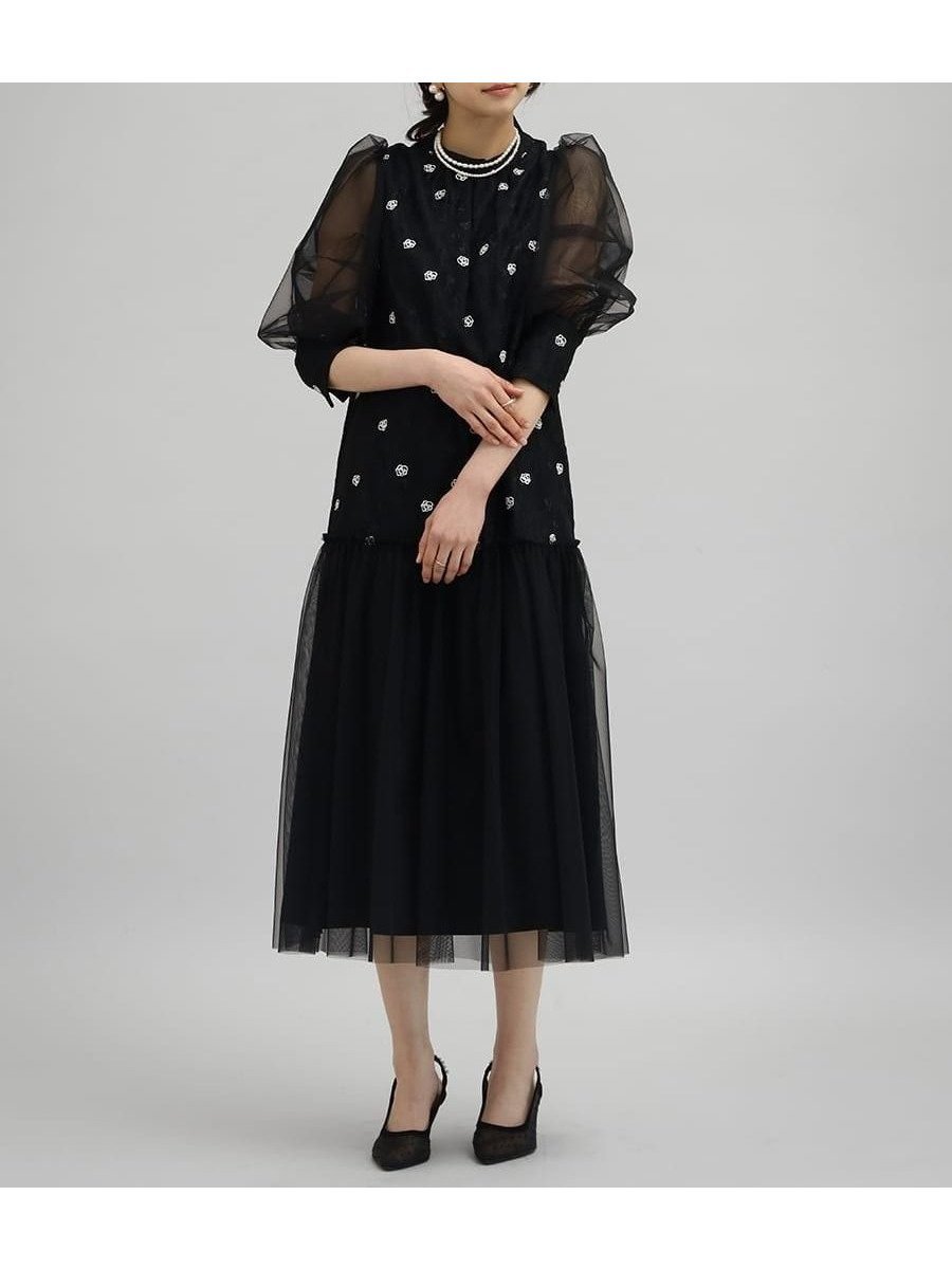 【ラシュッド/LASUD】のフラワー刺繍チュールティアードドレス インテリア・キッズ・メンズ・レディースファッション・服の通販 founy(ファニー) 　ファッション　Fashion　レディースファッション　Fashion for Women　ワンピース　Dresses　フォーマル・パーティードレス・結婚式用ドレス　Elegant & Casual Dresses　カフス　Cuff Design　ギャザー　Gathered, Ruffled　クラシカル　Classical, Vintage-Inspired　スリーブ　Sleeve, Long Sleeve / Short Sleeve　チュール　Tulip, Tulip Motif　ドレス　Dress, One-Piece　フラワー　Flower, Floral　フレア　Flare, Flared　ブラック|ID: prp329100004602282 ipo3291000000032722975