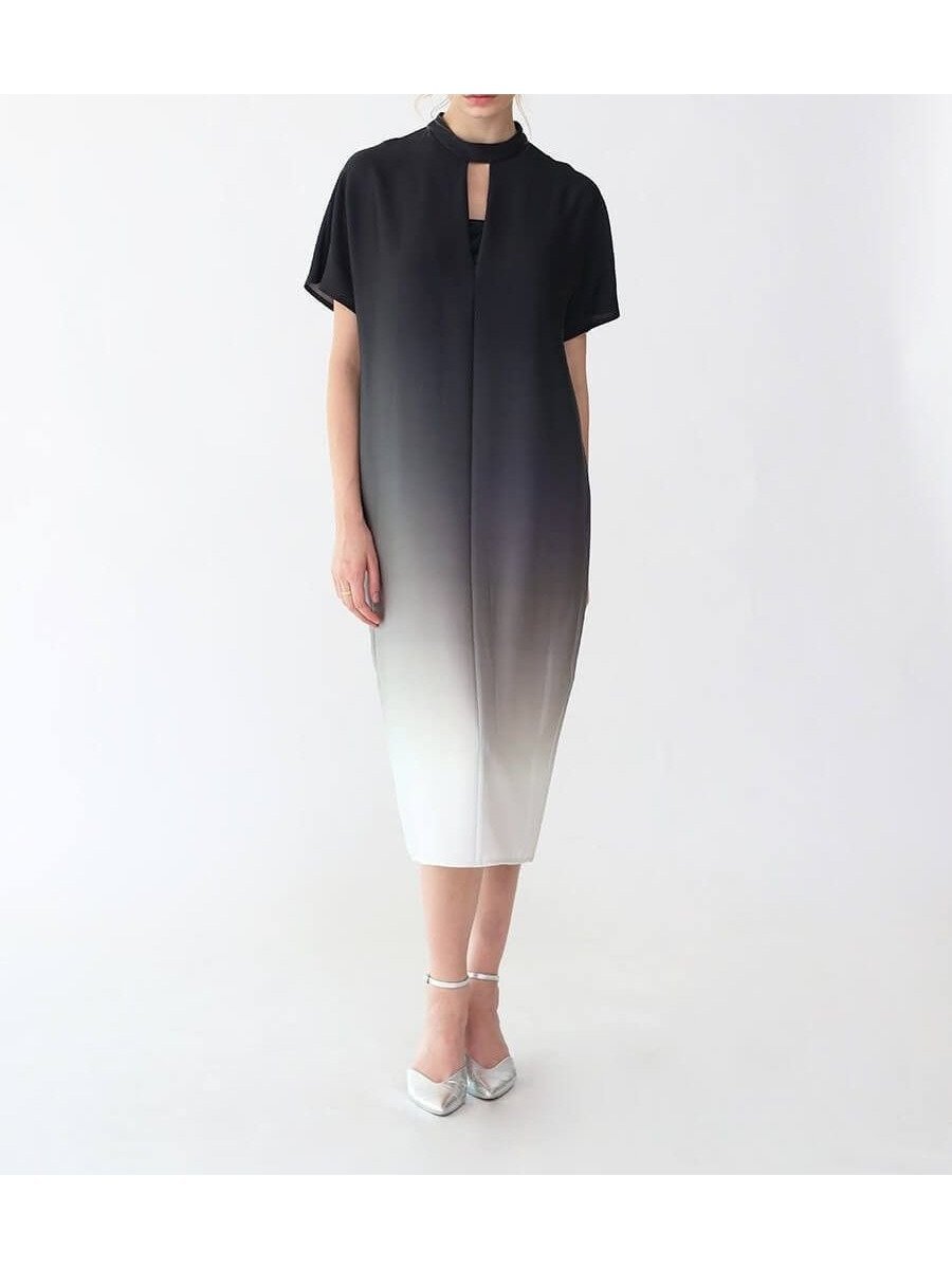 【ラシュッド/LASUD】のトライアングルネックグラデーションワンピース 人気、トレンドファッション・服の通販 founy(ファニー) 　ファッション　Fashion　レディースファッション　Fashion for Women　ワンピース　Dresses　グラデーション　Gradient, Ombre　コラボ　Collaboration, Collab　サテン　Satin, Glossy Fabric　ダブル　Double, Double-Breasted　デコルテ　Décolleté, Neckline　トライアングル　Triangle, Triangular Shape　プリント　Print, Printed Pattern　ヴィンテージ　Vintage Style　エレガント 上品　Elegant　今季　This Season, Current Season　無地　Plain, Solid Color　 other-1|ID: prp329100004602290 ipo3291000000032723205